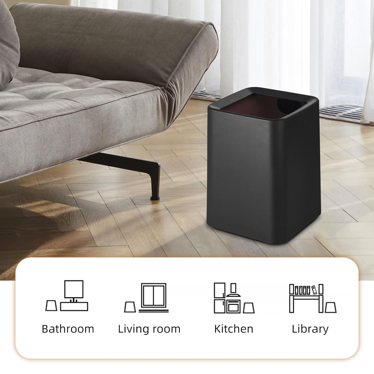 2 Pack Square Modern Trash Can Bedroom, 3Gal/12L Bathroom Trash Can Hidden Bag, Open Top Trash Bin Square Plastic, Minimalist Black Garbage Can with Inner Bucket (with 2 Handles) for Kitchen Office