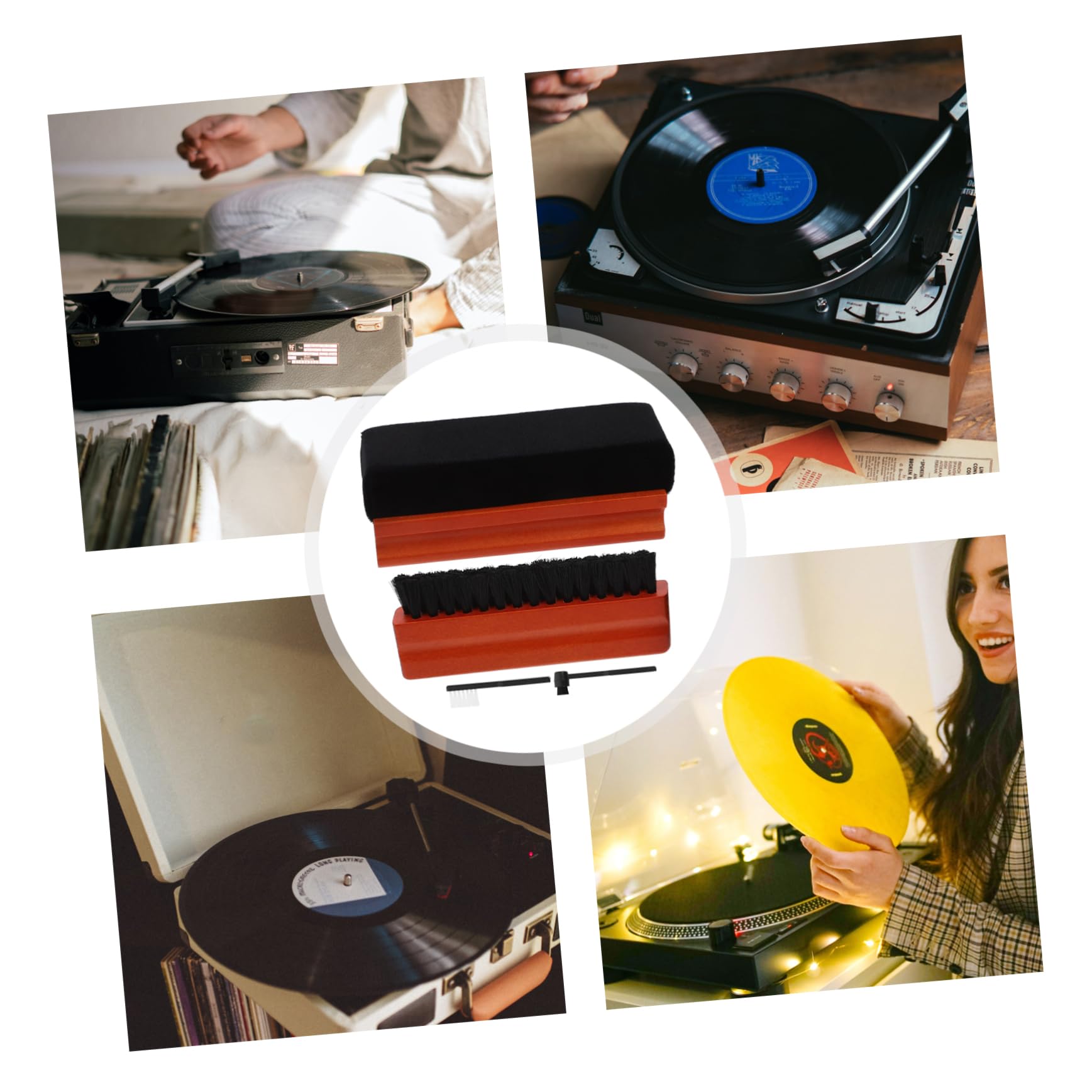 Kit de Limpieza para Vinilo y CD/DVD, Cepillo para Discos, Madera y Esponja, para Tocadiscos y Reproductores