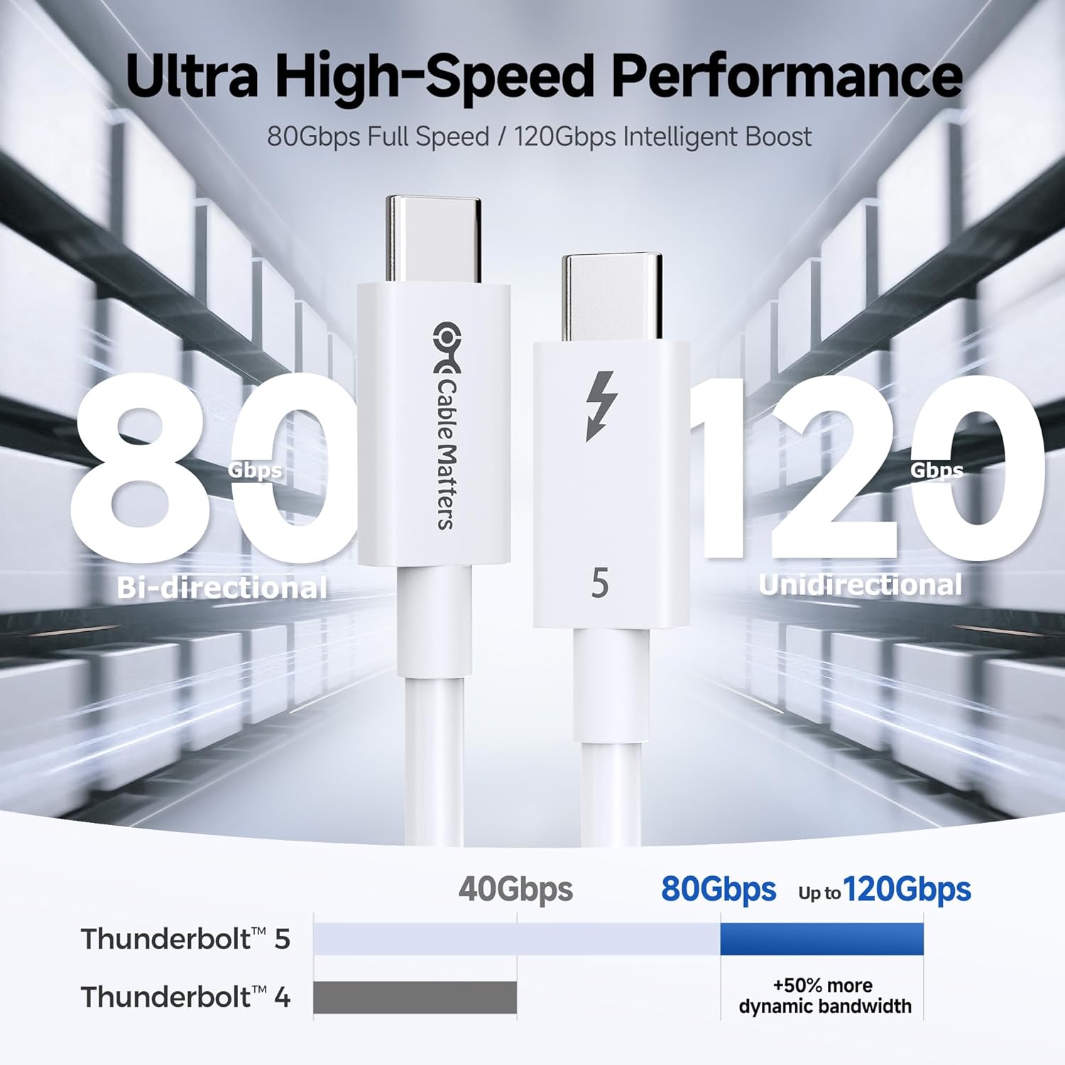 Cable Matters [Intel Certified] 80Gbps Thunderbolt 5 Cable with up to 120Gbps Bandwidth Boost and 240W Charging - 1m / 3.3ft, Compatible with Thunderbolt 4, USB4, and USB C, White - Image 3