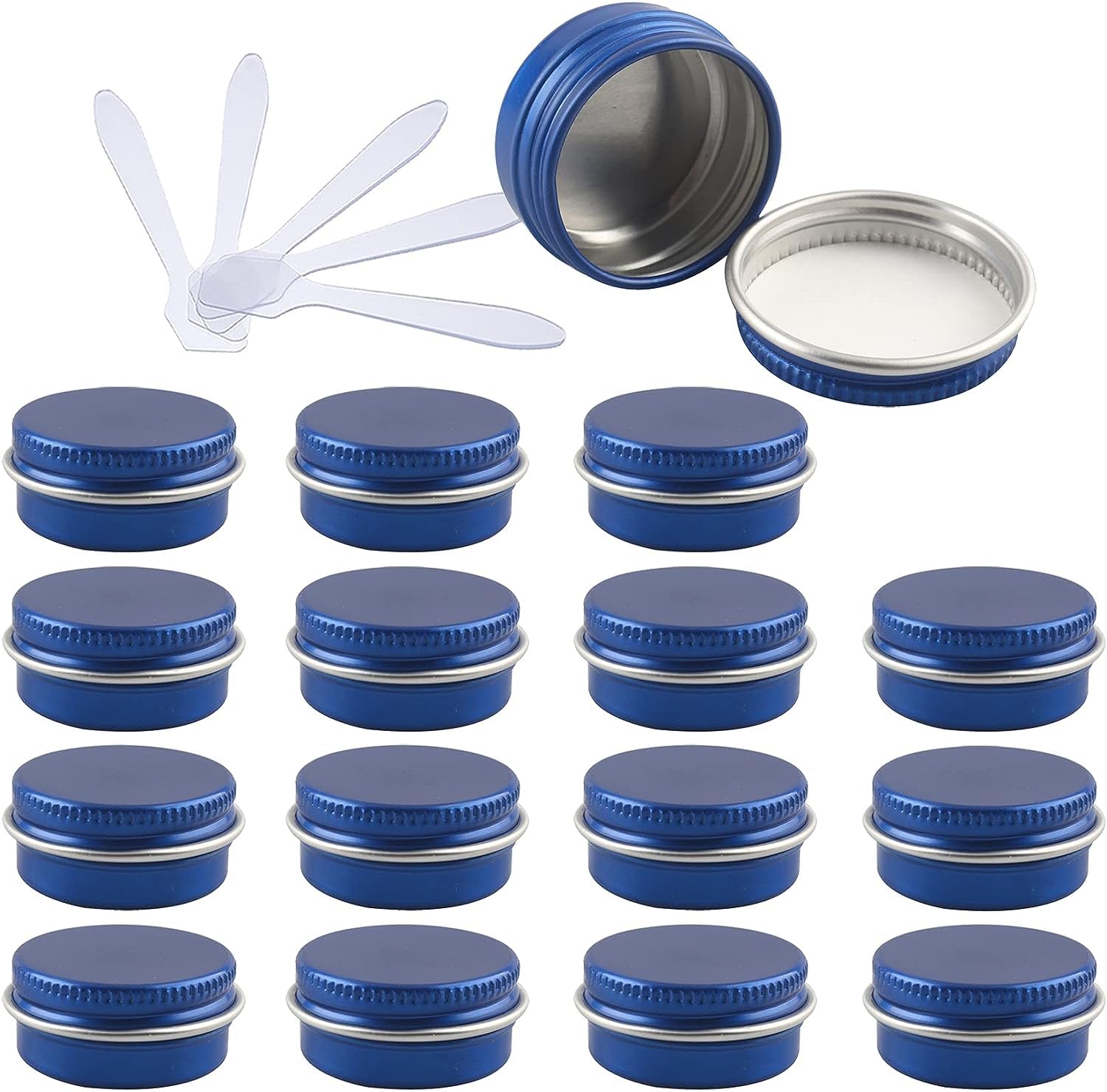 KRXSOBNV Cosmetic Jars, 48 PC Aluminium Tins with Screw Lids Storage Jars Cosmetics Containers Pots with 6 Spatula(Blue,10ml)