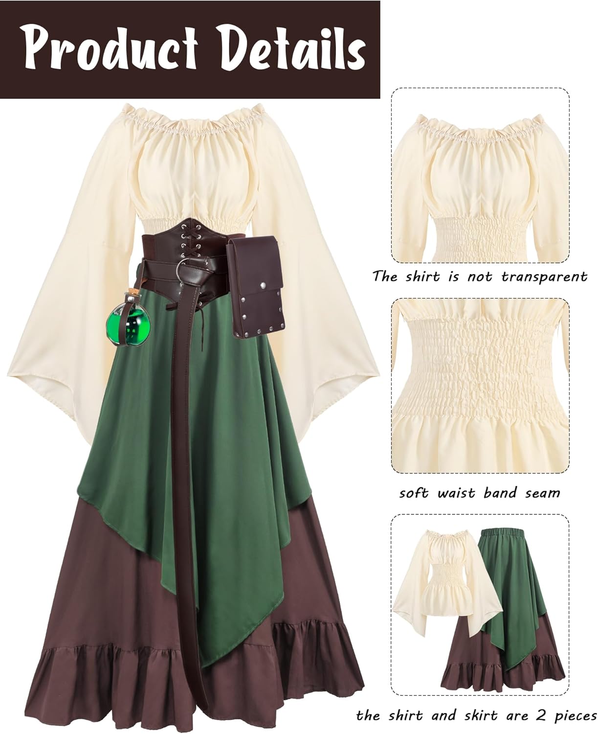 Hillban Women Medieval Renaissance Dress Costume Halloween Blouse Top Skirt Pouch Bottle Corset Belt - Image 3