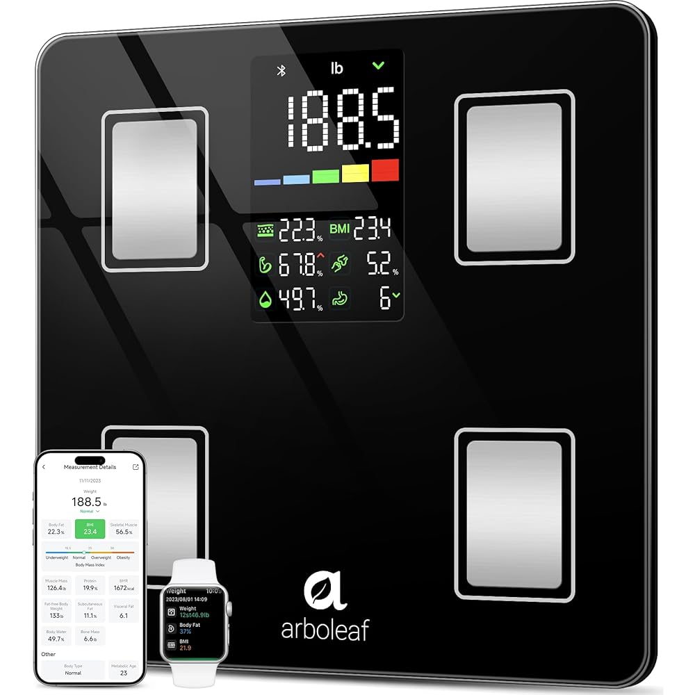 Arboleaf Smart Scale with BMI, Body Fat, Muscle Mass, Digital Bathroom Scale for Body Weight, 14 Body Composition Metrics, Large LED Display, Accurate Weighing Machine, App Sync, 400lbs, 11