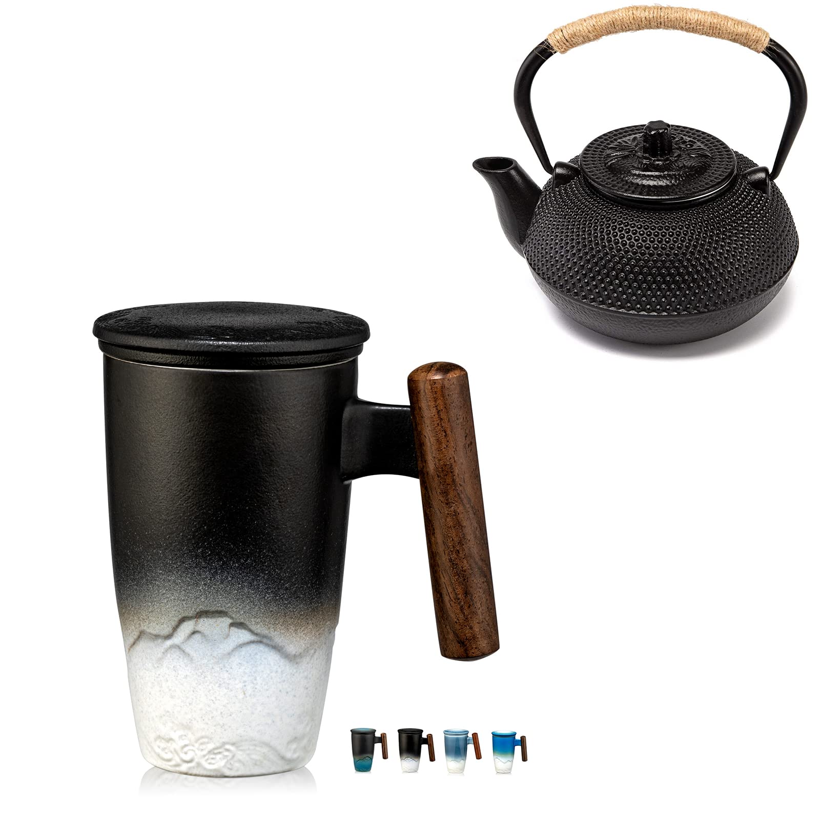 suyika Ceramic Tea Cup with Infuser and Lid Tea Mugs Wooden Handle 400ml/13.5oz Black