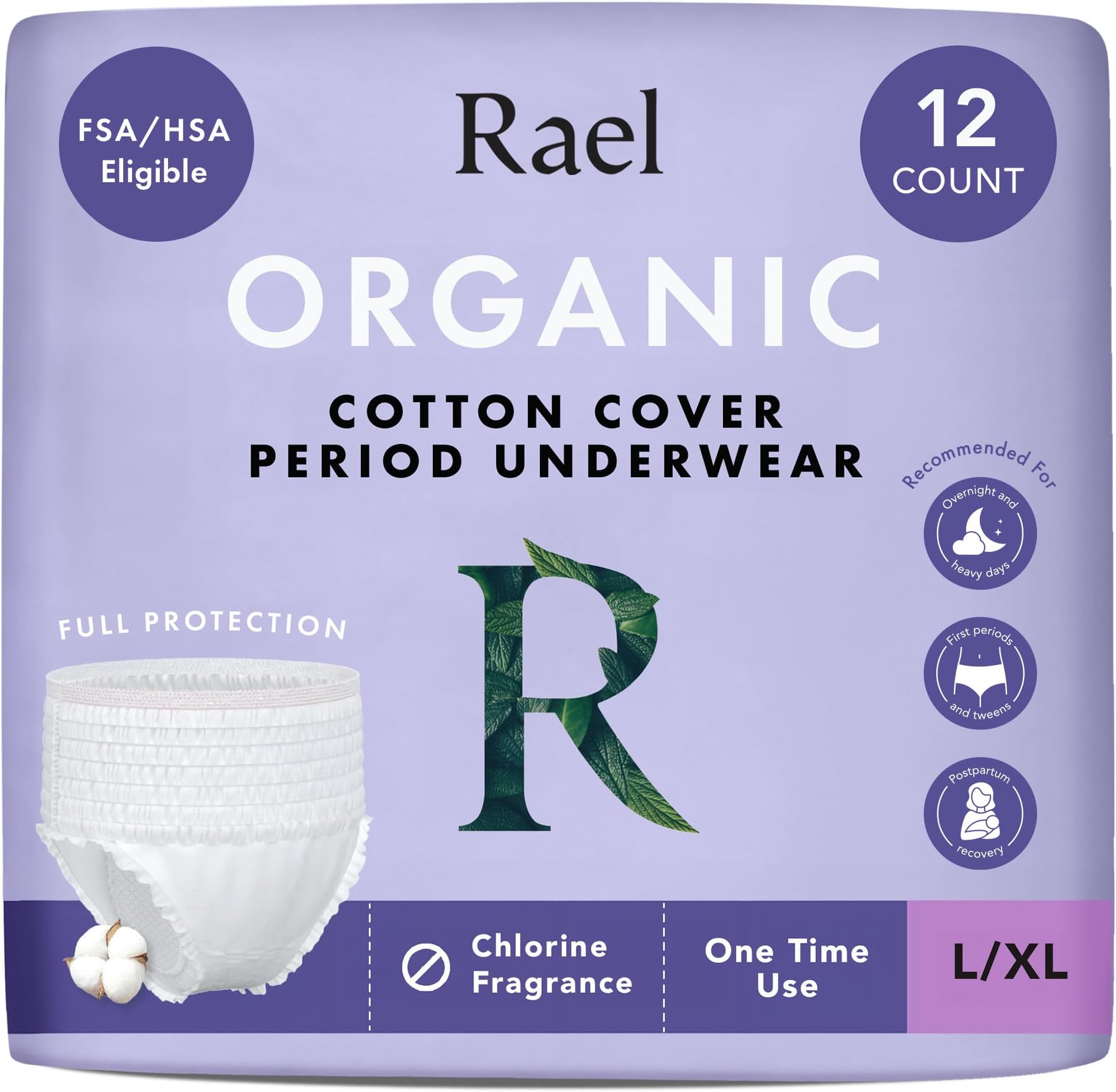 Period Pants for Women, Organic Cotton Cover Disposable Underwear - Postpartum Essentials, Ultimate Absorbency, Maximum Coverage for Overnight, Vegan, Cruelty Free (Size L-XL, 12 Count)