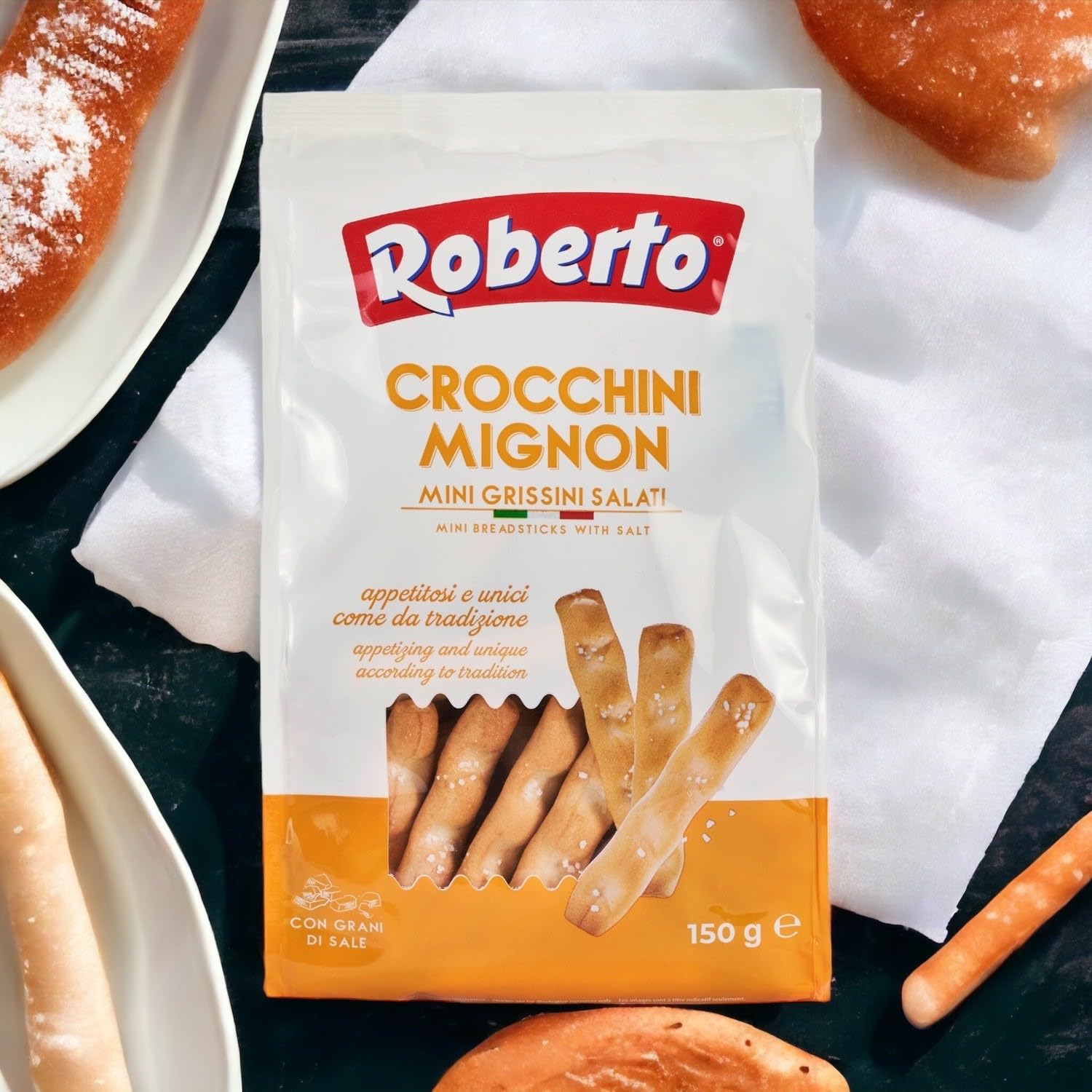 Roberto Crocchini Mignon Salati 10x150g Beutel | Mini Crissini Brotstangen mit Salz als Snack, Beilage und zum Salat | traditionelle Brot-Sticks