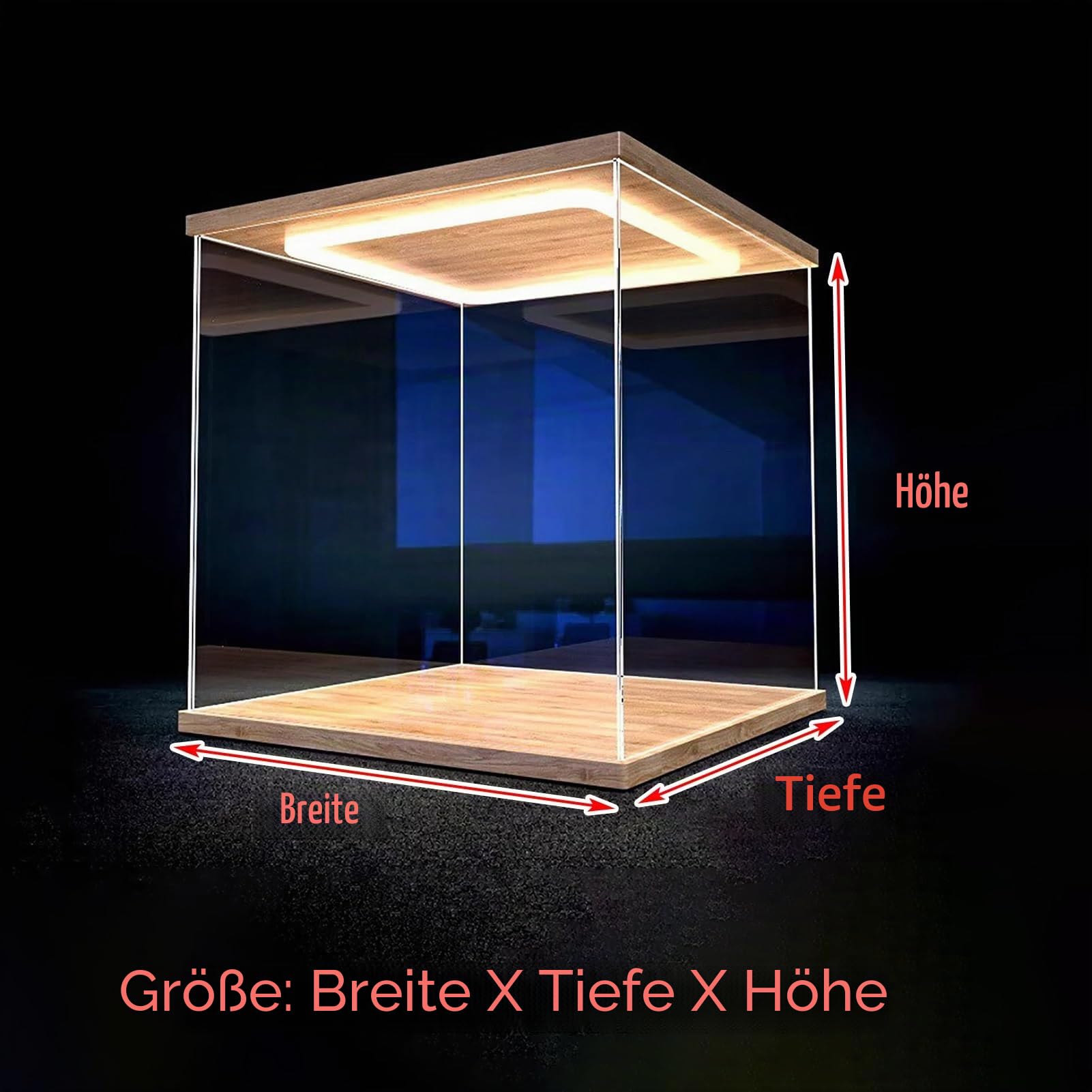 Vibeo Acryl Vitrine Acrylvitrine mit LED-Beleuchtung, Staubdichte Acrylbox mit Tür, Transparente Vitrine mit Sockel, Vitrinenständer für Minifiguren, Autos und Spielzeug(30x15x15cm(12"x6"x6"))