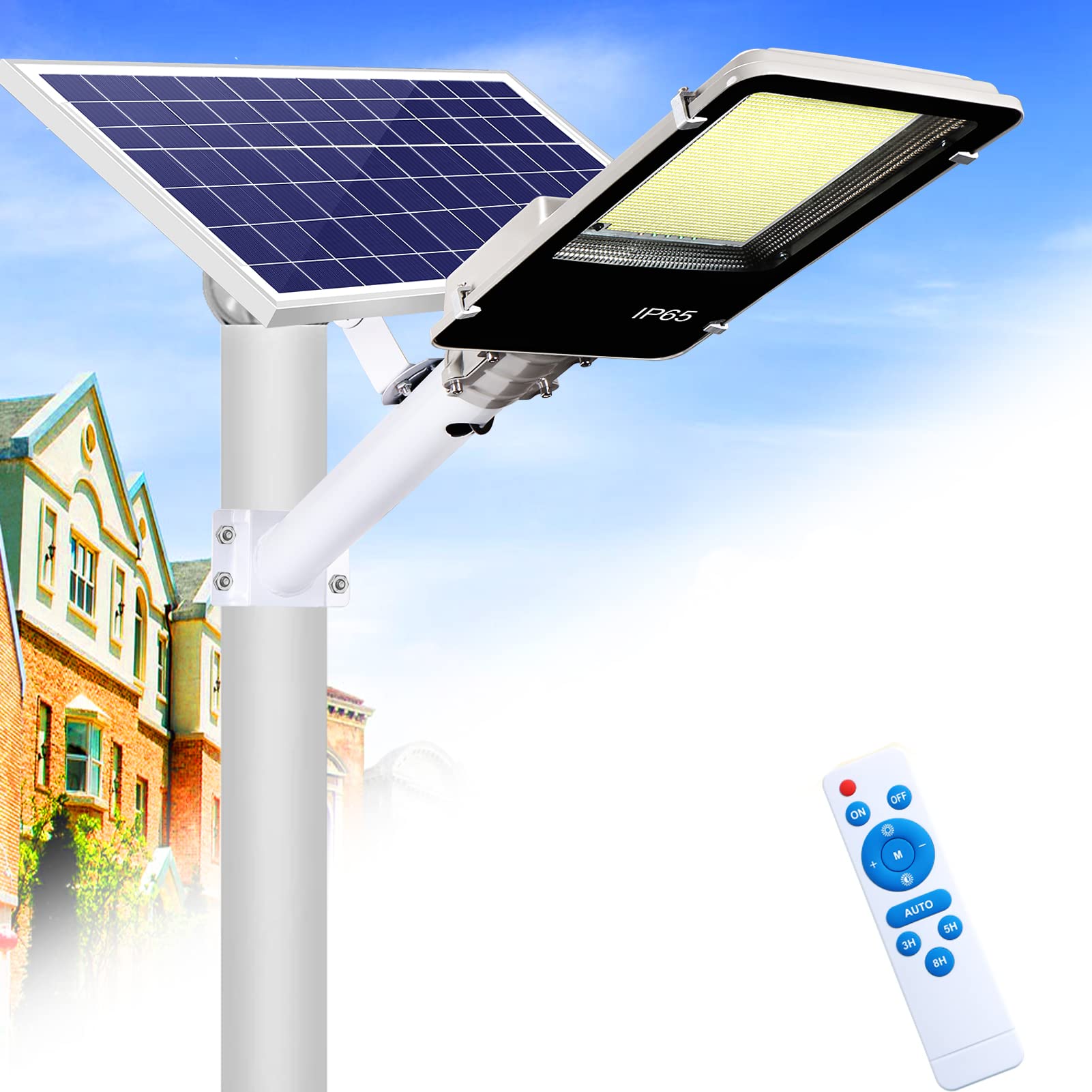 1500W Solar Street Lights, Solar Flood Lights Outdoor 125000Lumen Dusk to Dawn 6500k LED Solar Pole Light with Remote Control IP67 Waterproof for Parking Lot, Yard, Garage and Garden