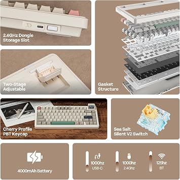EPOMAKER RT82 Wireless Mechanical Keyboard with Screen, QMK/VIA Custom, 2.4GHz/USB-C/BT5.0, RGB Backlit, Gasket, 5-Paddings, PBT Keycaps, Hot-Swap Gaming Keyboard (Sea Salt Silent)
