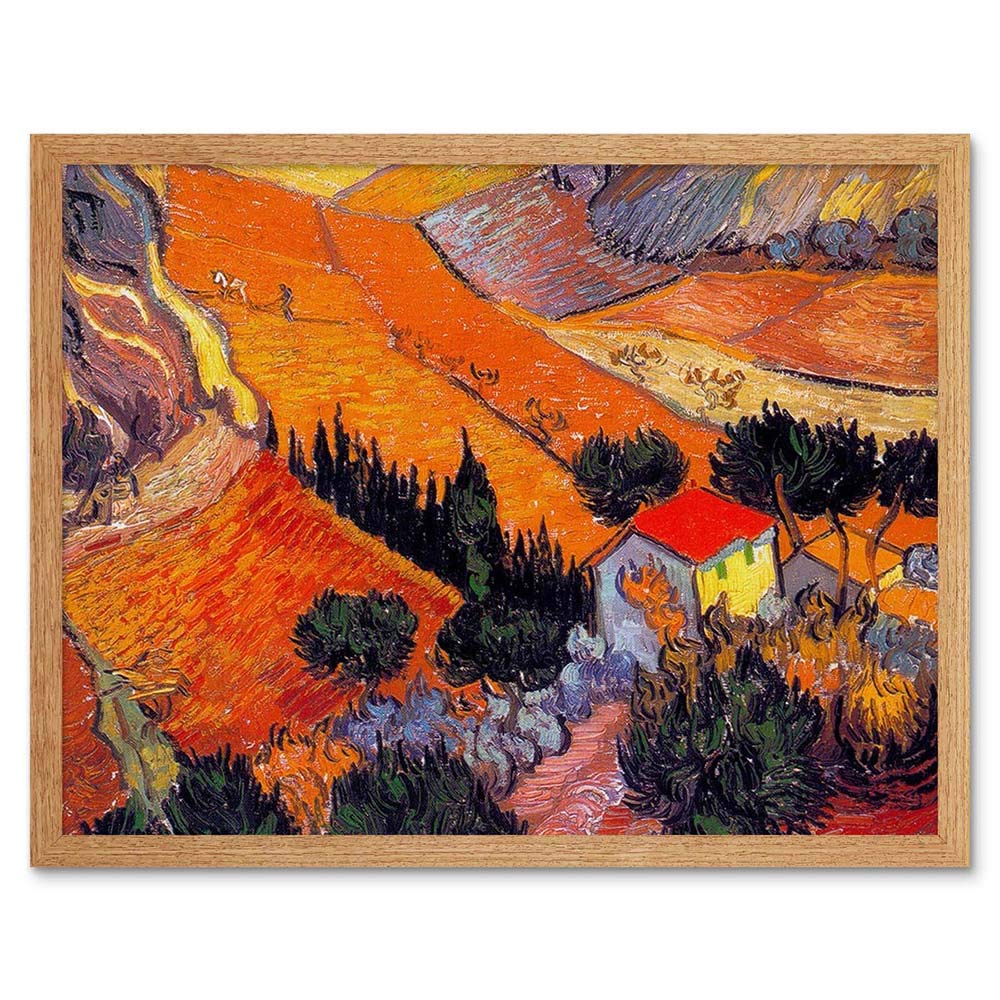 Wee Blue Coo Vincent Van Gogh Landscape With House Ploughman 1889 Painting Art Print Framed Poster Wall Decor 12X16 Inch