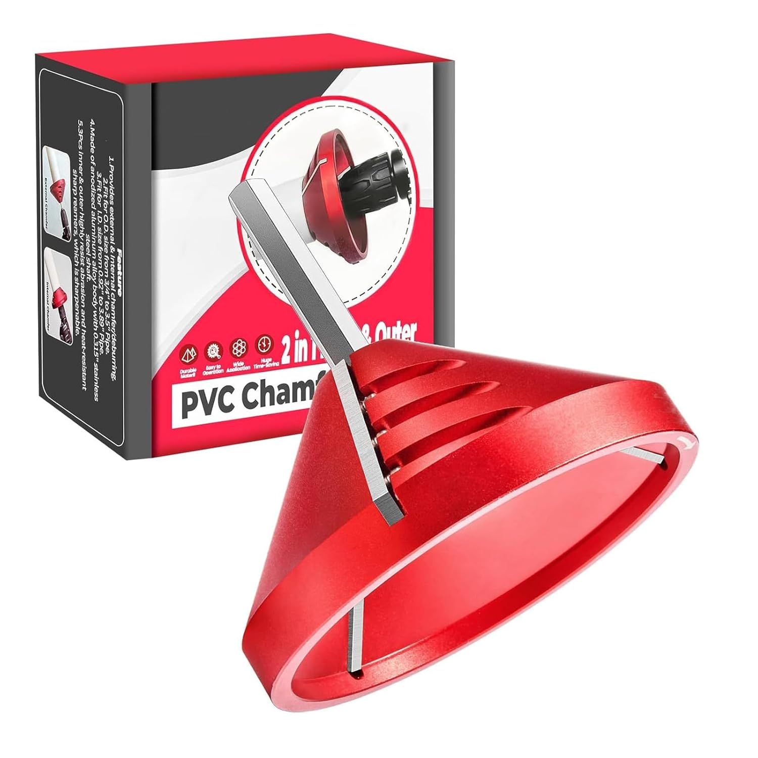 2 in 1 インナーアウターPVCバリ取りツール、PVC面取りツール、OD 0.75インチ~3.5インチ、ID 0.9インチから3