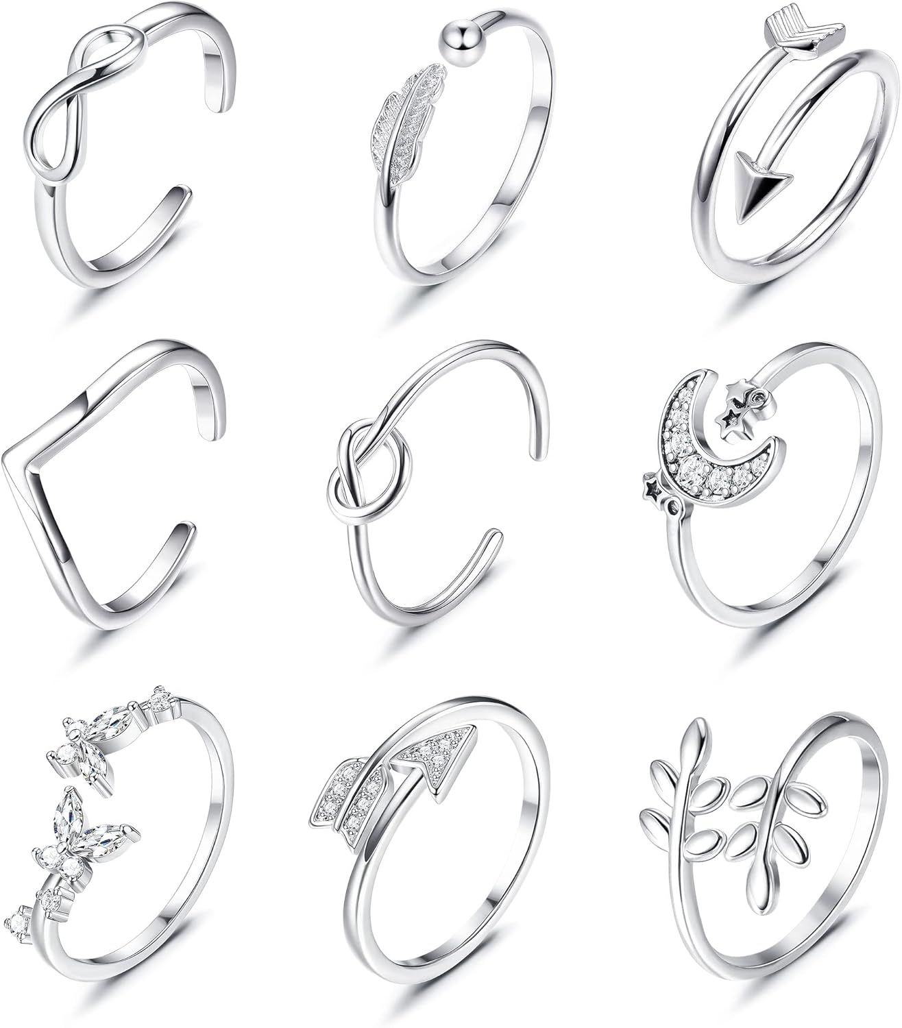 Fansilver 9PCS Adjustable Ring Set for Women Open Ring Arrow Knot Wave Rings Hypoallergenic Stackable Thumb Knuckle Rings Set