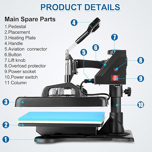 Miniatura 7 de Máquina de prensa de calor para camisetas, máquina de transferencia de calor 5 en 1, prensa de impresión de calor de 12 x 15 pulgadas para
