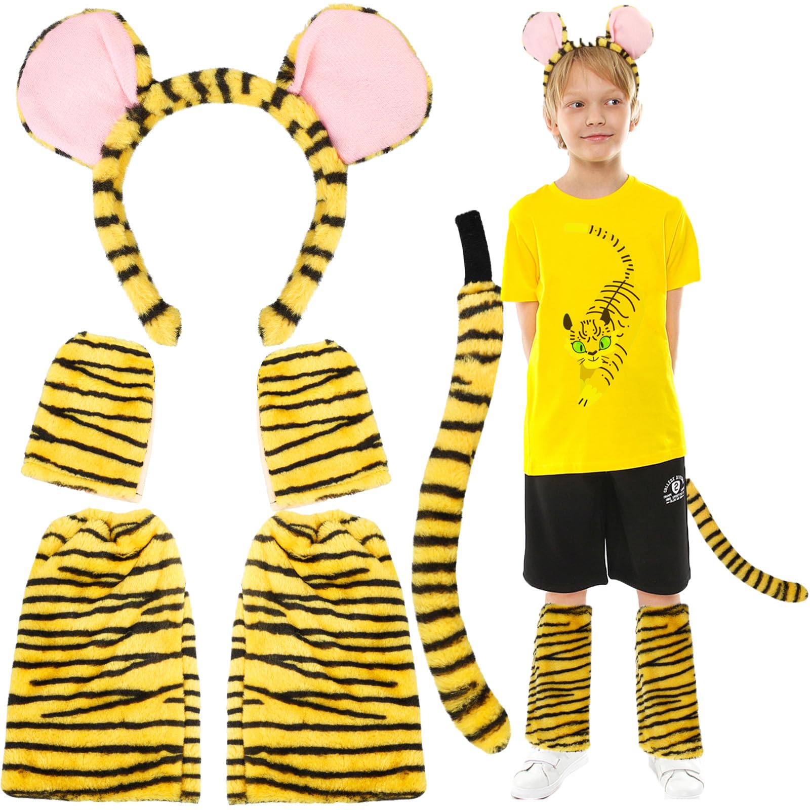 XEPST Animal Tiger Costume Set, Tiger Ears and Tail Set with Tiger Ears Headband Tiger Tail Leg warmers for Animal Costume Cosplay Birthday Party World Book Day Halloween Fancy Dress Party Supplies