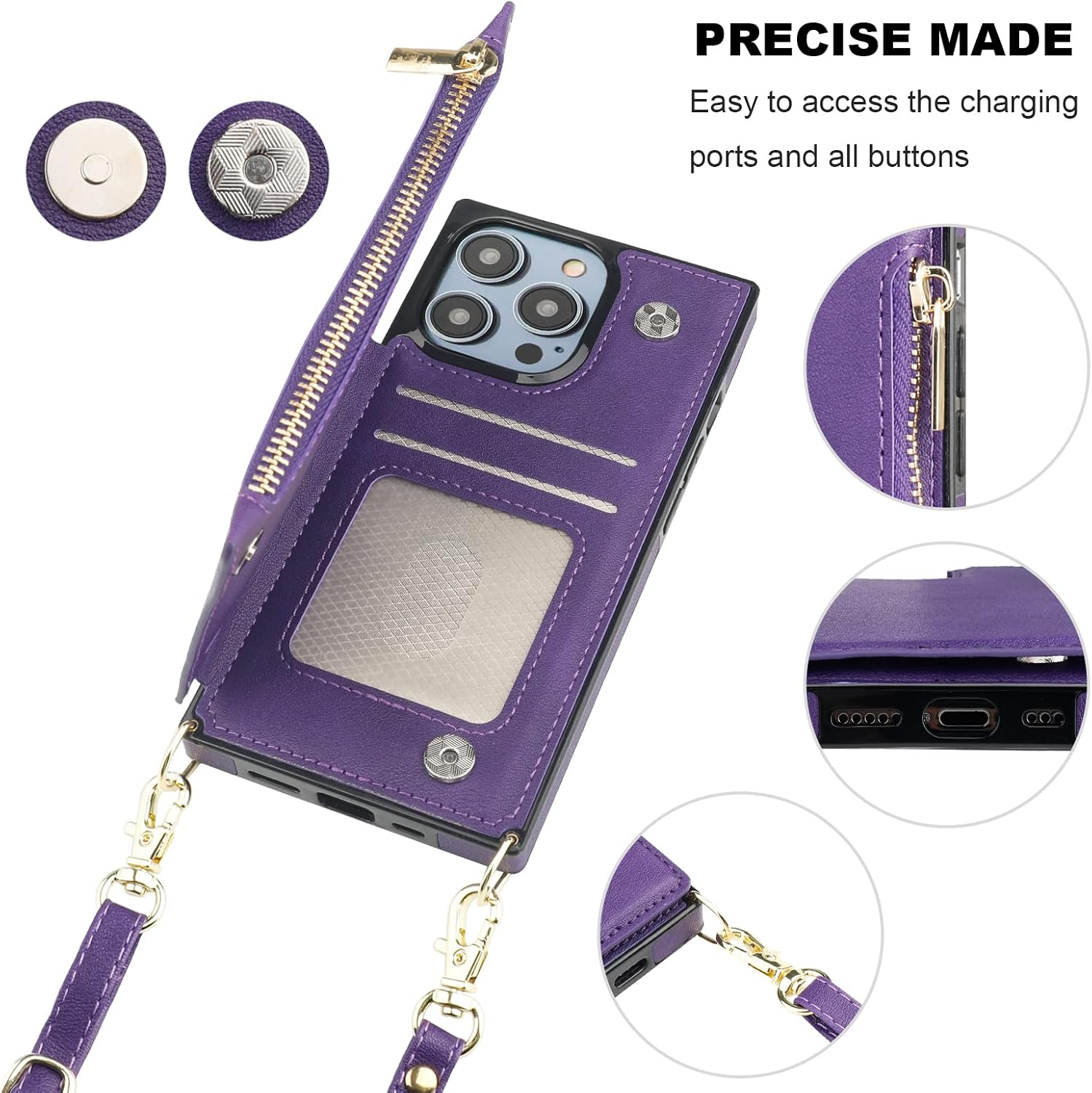 Bocasal Crossbody Wallet Case for iPhone 14 Pro with RFID Blocking Card Slot Holder, Magnetic Flip Folio Purse Case, PU Leather Zipper Handbag with Detachable Lanyard Strap 6.1 Inch 5G (Purple)