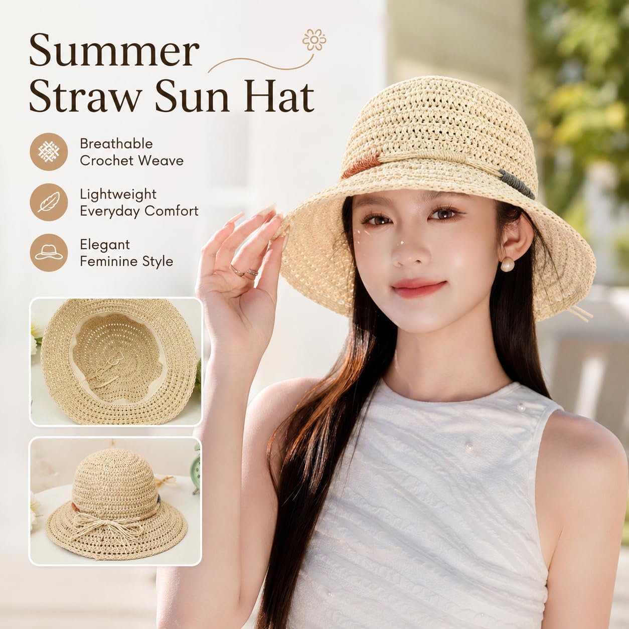 Straw Bucket Hat for Women, Breathable Paper Straw Sun Hat, Lightweight Woven Beach Hat for Summer Travel Vacation
