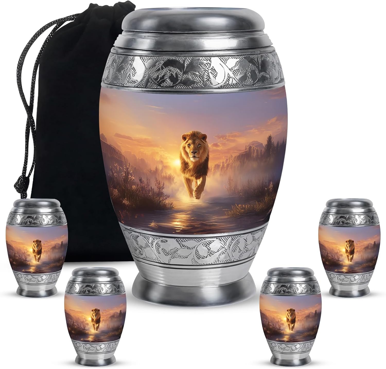 Lion Urns for Women & Men - Large Cremation Urn for Ashes Adult Male - Small Urns for Human Ashes Adult Female - Funeral Keepsake Urn for Mom & Dad -10 Inch & 3 Inch, Combo of 5