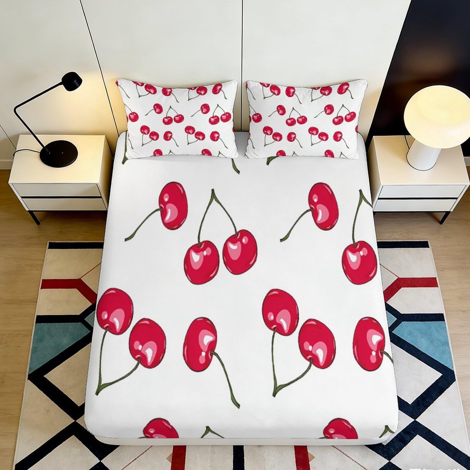 3D Printed Cherry Pattern Fitted Sheet Microfiber Soft Anti-Slip Red Fruit Bed Cover for Bedroom Guest Room Decor 160x200x25cm