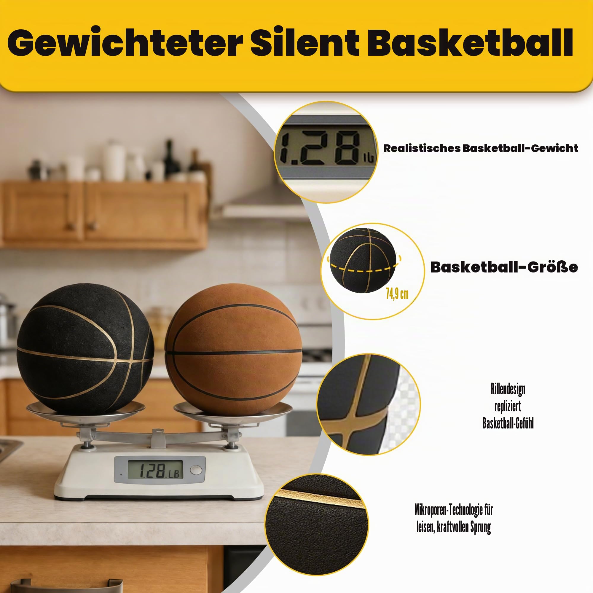 Size 7 (29.5'') Weighted Grooves Silent Basketball, Non-Compressed Shipping, Professional PU Foam, Ideal for Indoor & Outdoor Silent Practice Dribble'