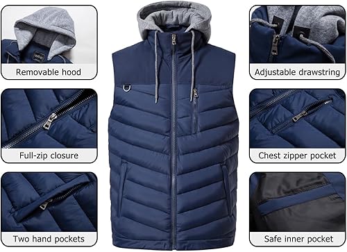 Miniatura 2 de Vcansion Chaleco de invierno acolchado para hombre con capucha extraíble sin mangas, chaleco acolchado