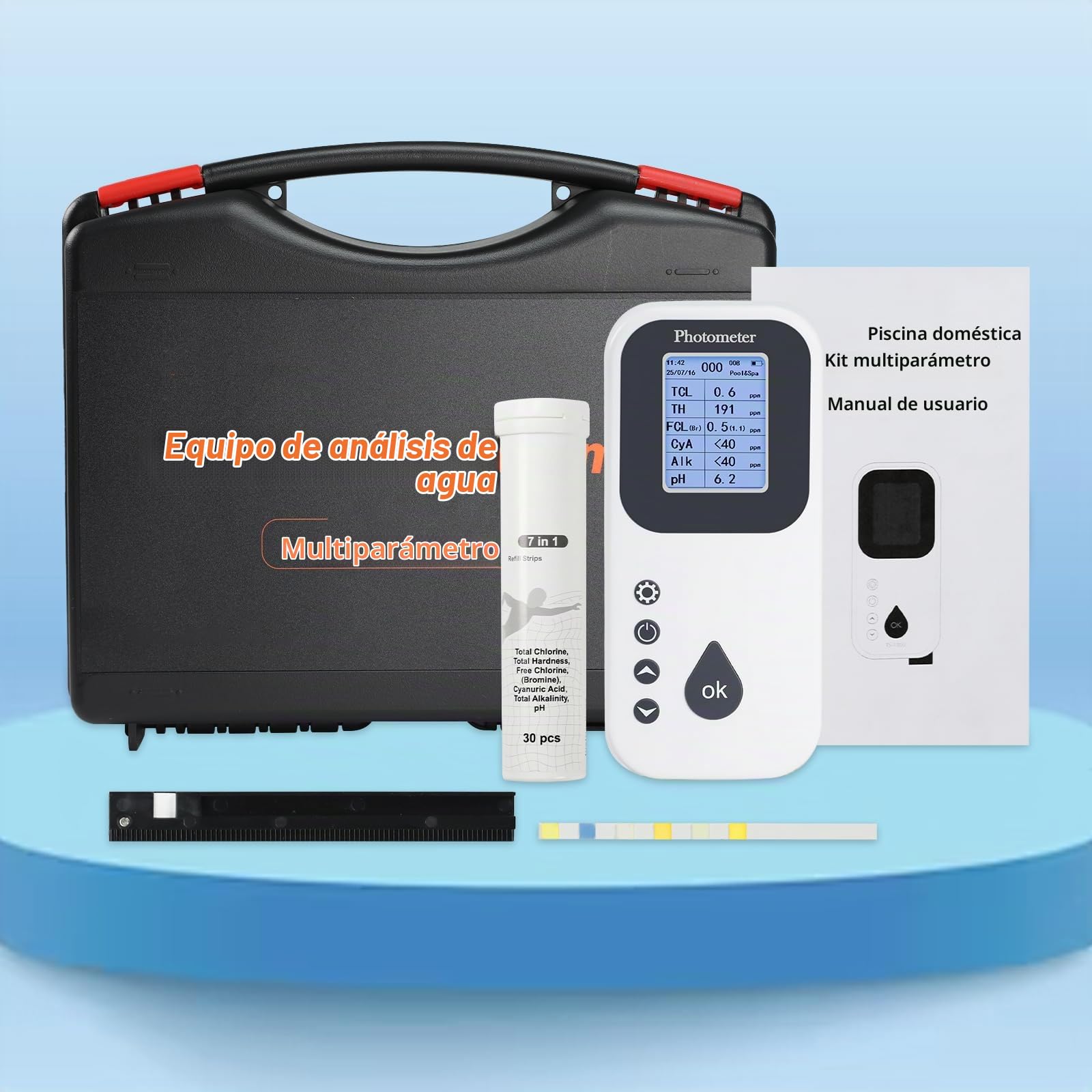 Kit Digital 7 en 1 para Análisis del Agua de Piscinas Medidor de pH, Cloro, Bromo, Dureza y Alcalinidad, Registro de Datos, Puerto USB con Analizador de Agua y Tiras Reactivas para Piscinas y Spas