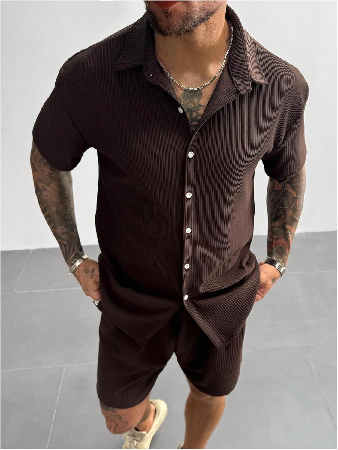 Men's Short Sleeve Button Down Shirts Ribbed Knit Collared Shirts Vacation Work Clothes - Image 3