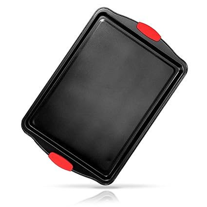 15 - ? Non Stick Cookie Sheet, Medium Gray Commercial Grade Restaurant Quality Carbon Metal Bakeware with Red Silicone Handles, Compatible with Model NCSBS3S