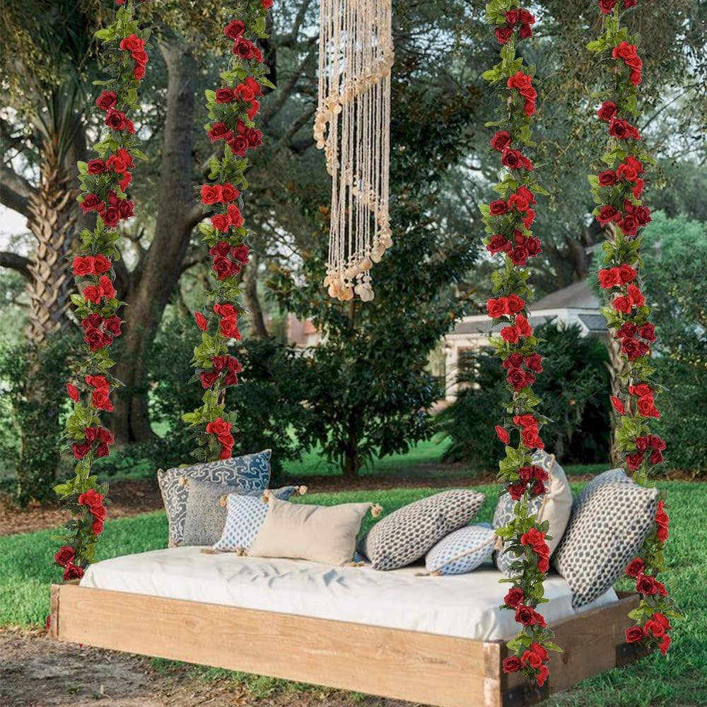 4 Pack(28.8 Ft) Artificial Flower Garland Silk Rose Flower Vines Fake Flower Garland for Backdrop Hanging Garlands Flowers Artificial for Decoration Wedding Arch Room(Red) - Image 7
