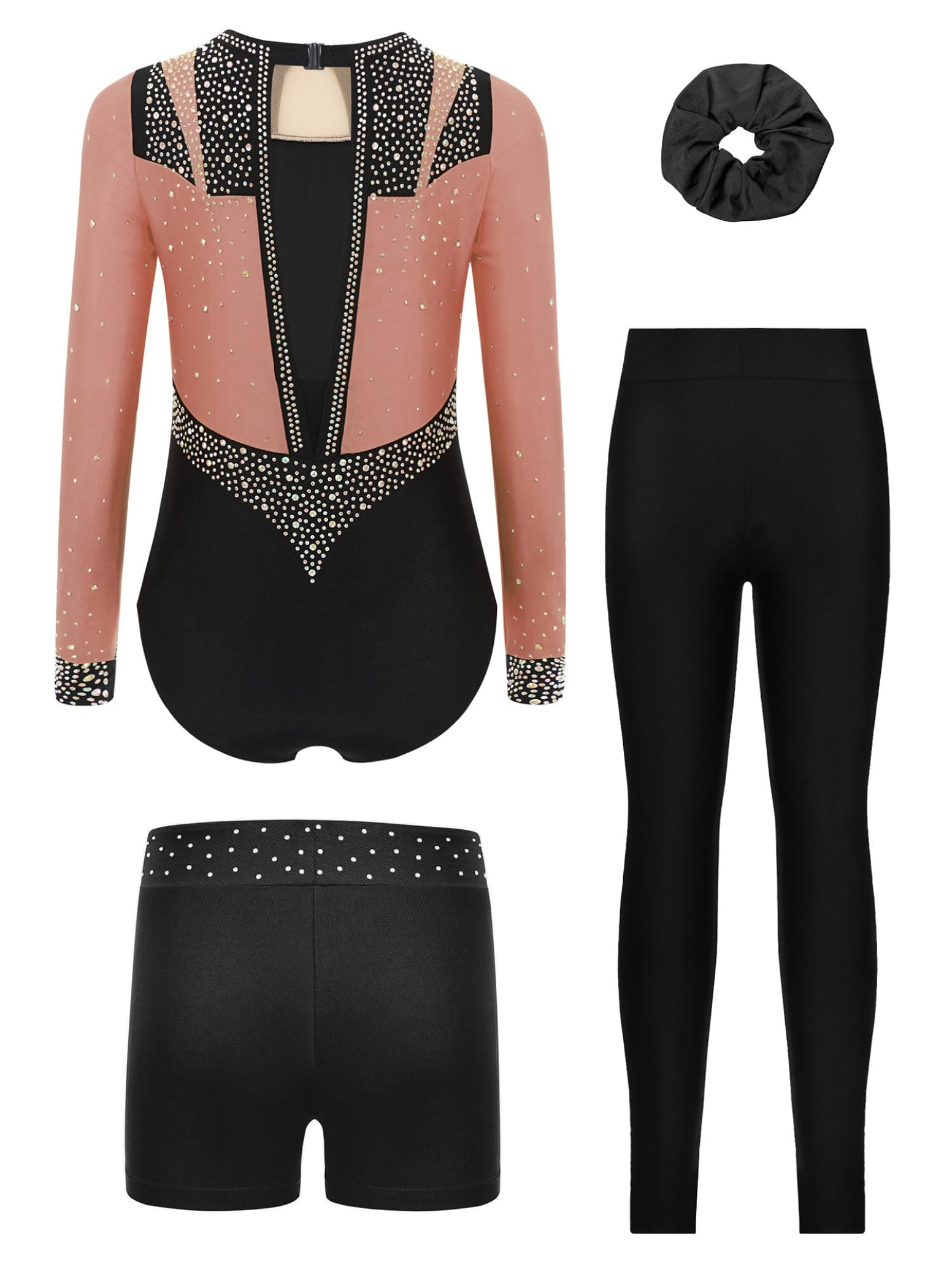 inlzdz Maillot De Baile Gimnasia para Niña Leotardo Manga Larga Y Leggings Cortos De Elásticos + Banda para El Cabello Mono Deportivo Elástico