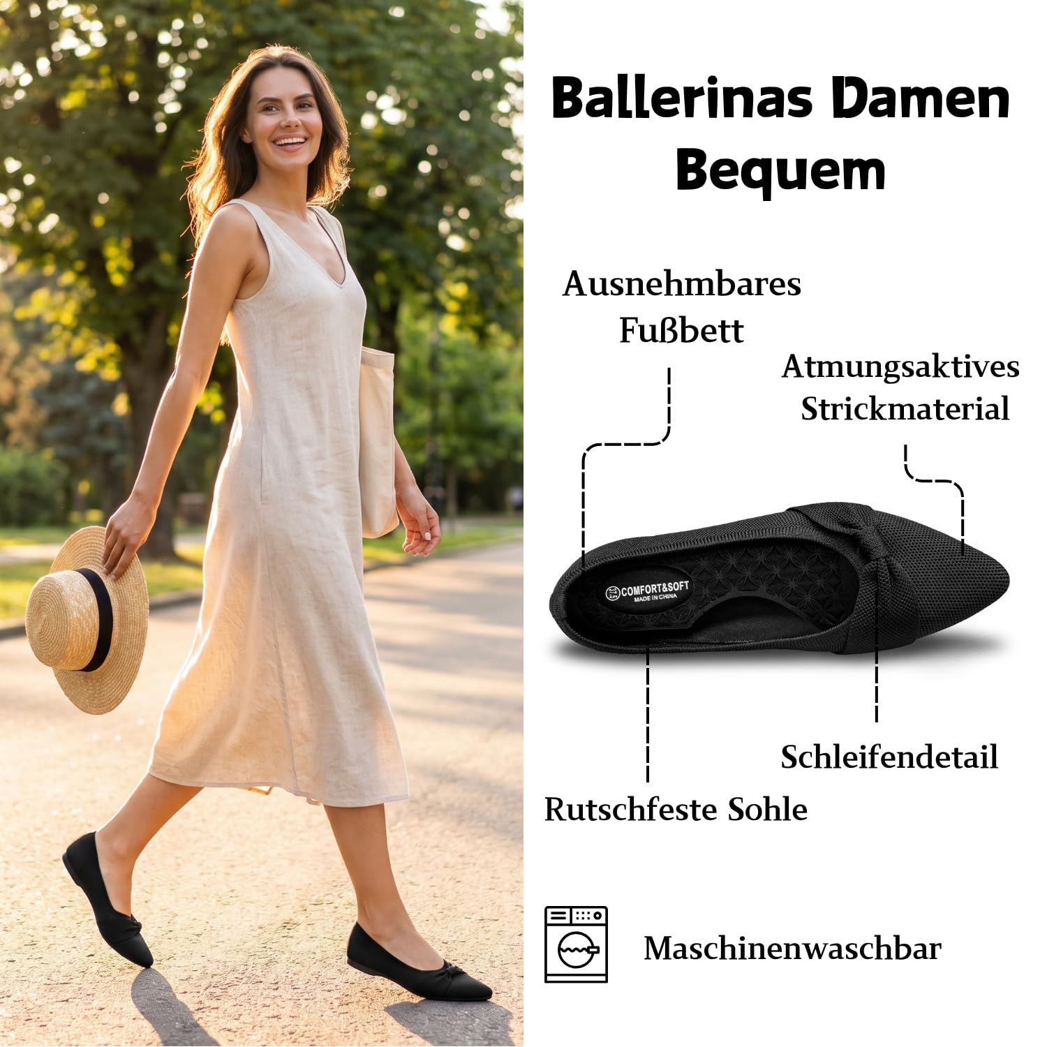 CALEBGAR Damen Ballerinas Spitz zulaufend, Gestrickte Slip-On Slipper mit Schleife, Elegante und superweiche Flache Schuhe für Kleider und Freizeit