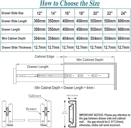Miniatura 3 de OCG Deslizador de cajón con rodamientos de bolas de 12 pulgadas, correderas de cajón de montaje lateral, riel deslizante de cajón de extensión