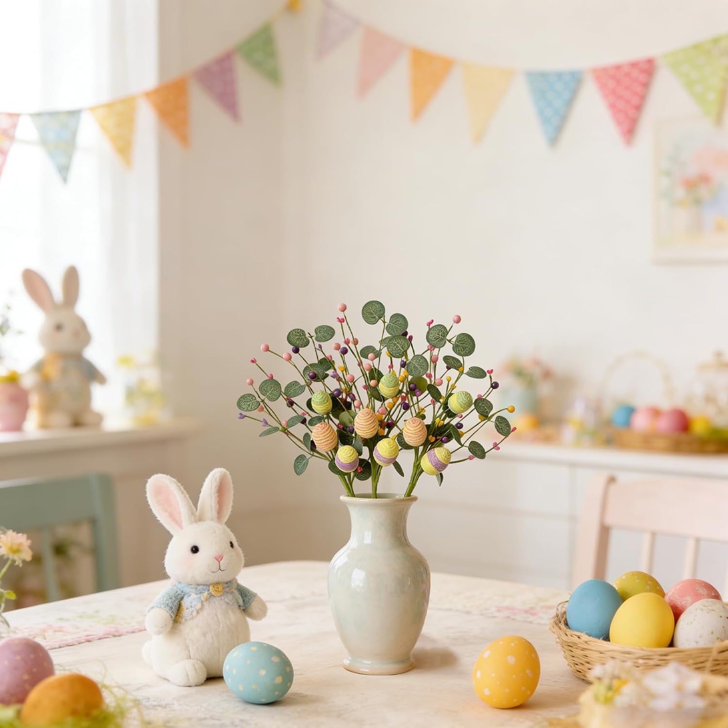 6PCS 16 Inch Easter Egg Picks with Eucalyptus Leaves for Vase, Easter Floral Picks and Sprays for Home Decoration, Easter Egg Picks for Floral Arrangement