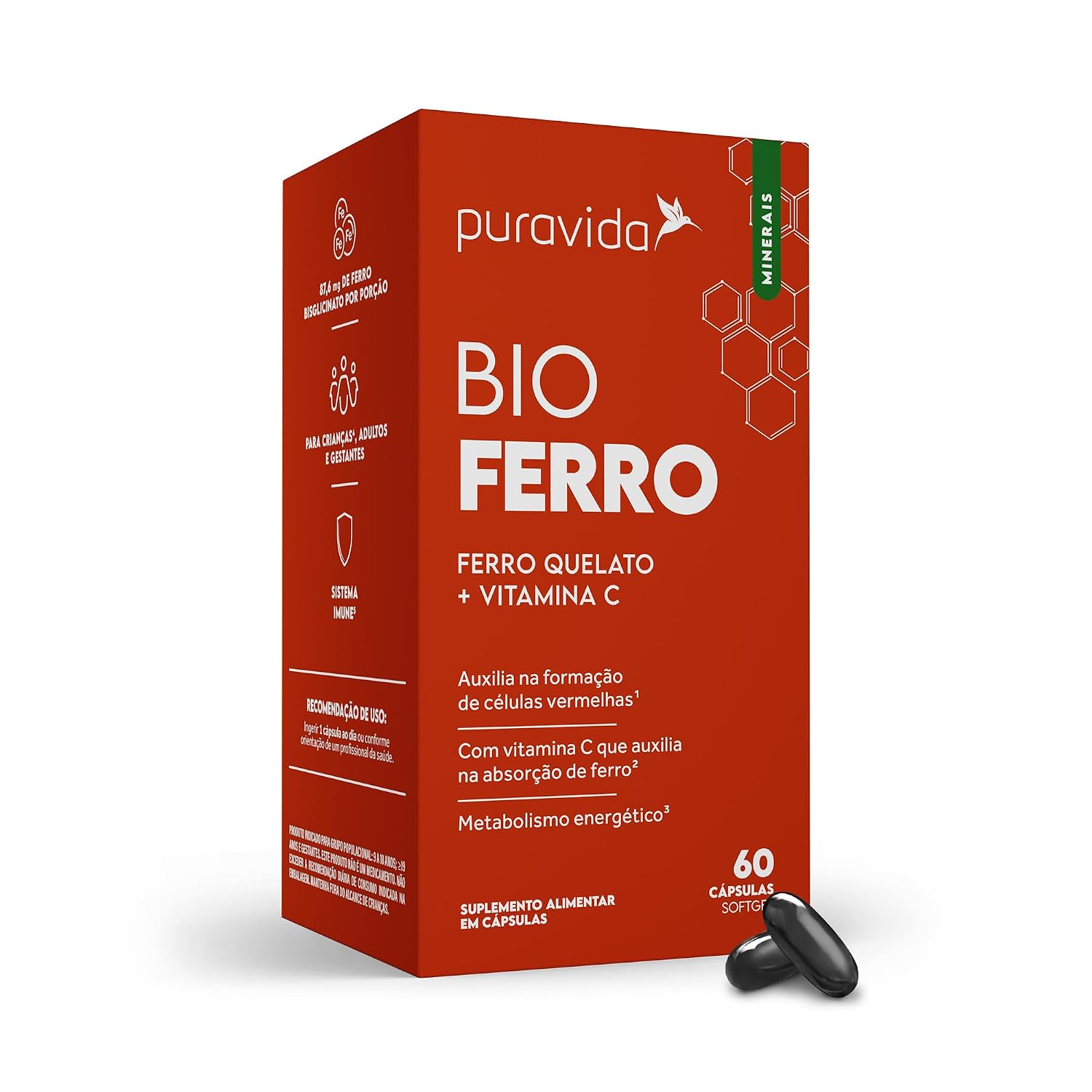 Puravida Vitaminas Bio Ferro Quelato Bisglicinato + Vitamina C 60 Cápsulas