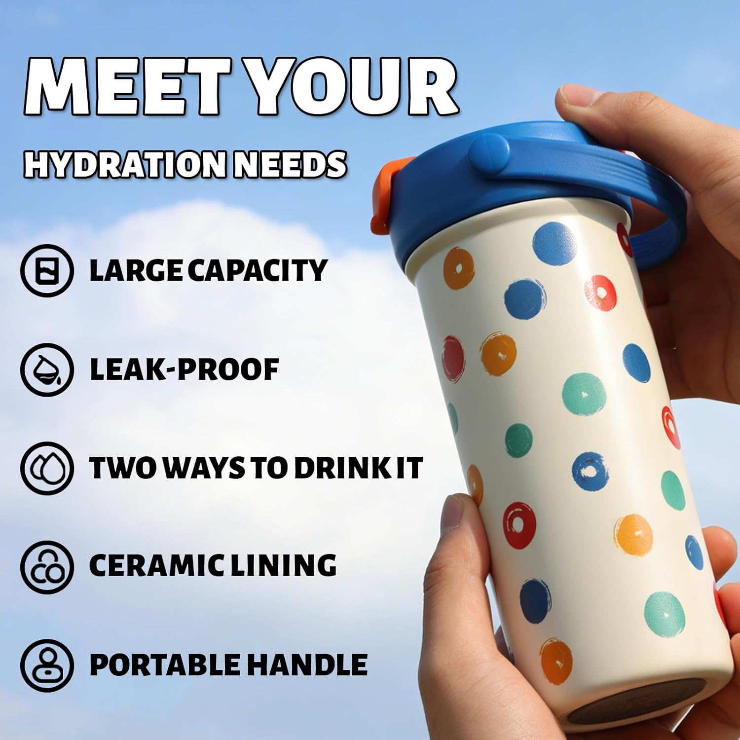 Cool Solo19oz Insulated Water Bottle Stainless Steel, Ceramic Lined with Straw & Handle, 360° Leak Proof, Bpa-Free, Polka Dot Coffee Mug for Travel Sports Office School Outdoor - Image 6