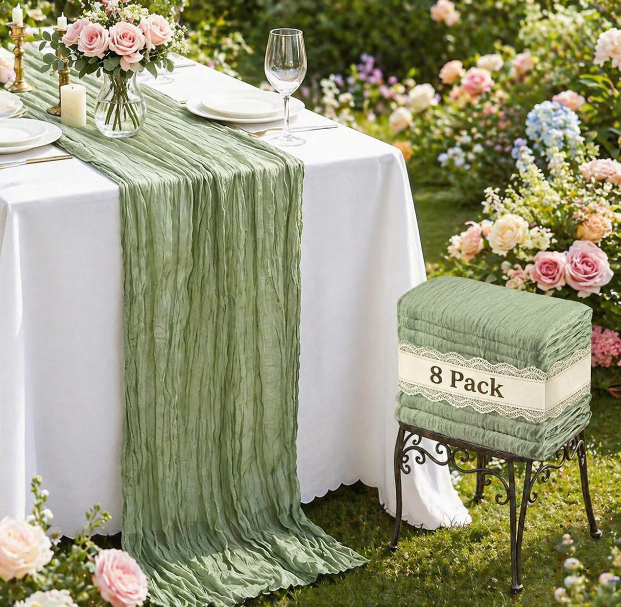 FAVE 8 stück Tischläufer Salbeigrün 300 cm aus Mullstoff, Babybauchfeier Hochzeitsdeko, Gauze Tischdeko für Boho Party, Bankett Tischdekoration