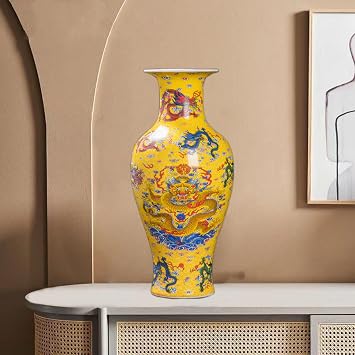 Jingdezhen Ceramic Vase with Glowing Nine Dragons Pattern, 35cm Chinese Style Luminous Vase for Living Room Display, Cabinet Decor & Hydroponic Flower Arrangement-yellow