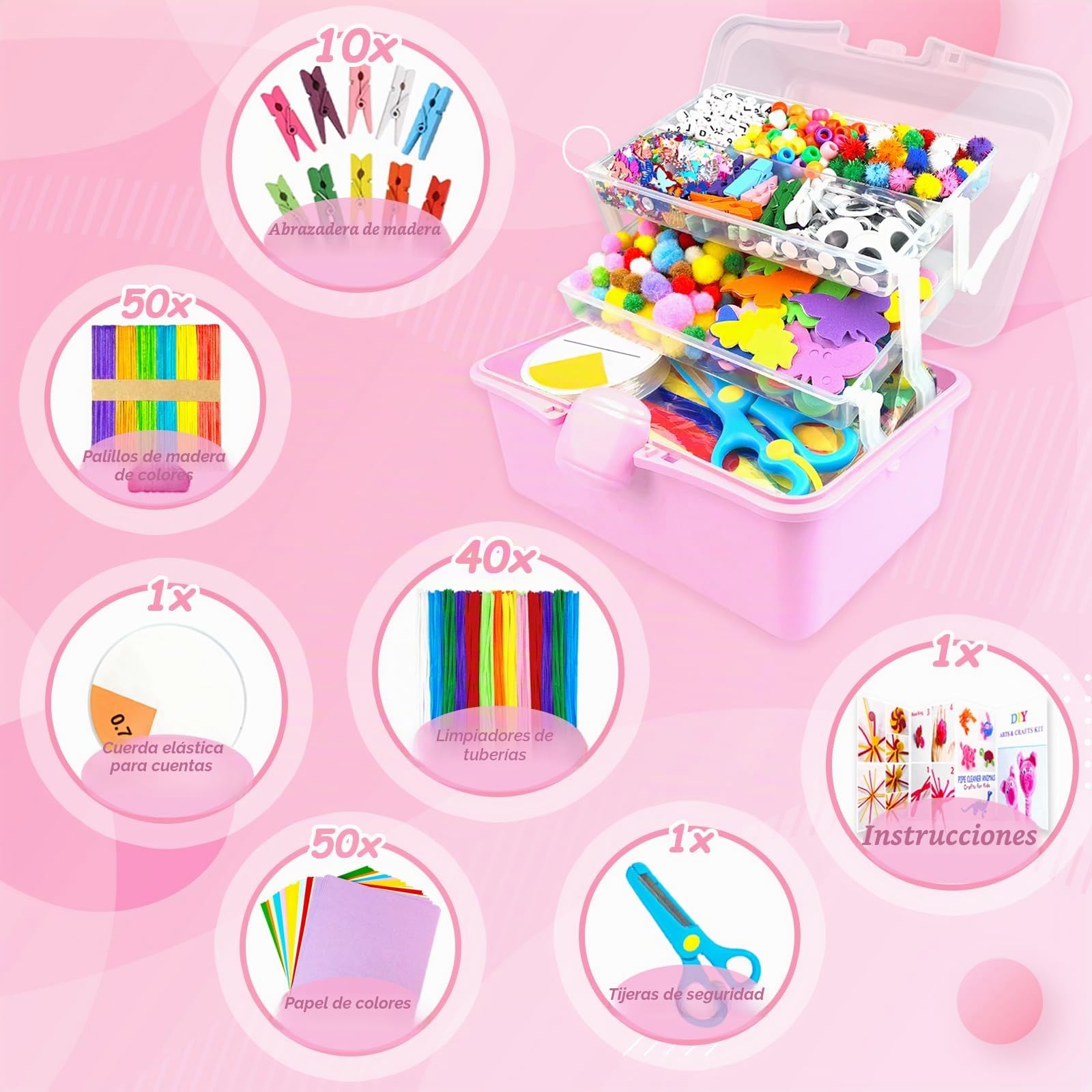 BNUZEIYI Manualidades Niños Caja de Manualidades de 3 Capas con Limpiapipas DIY Creativo Arts Crafts Supplies Material Escolar Juguetes Regalos Niñas Niños 4-8, 8-12 Años, Rosa