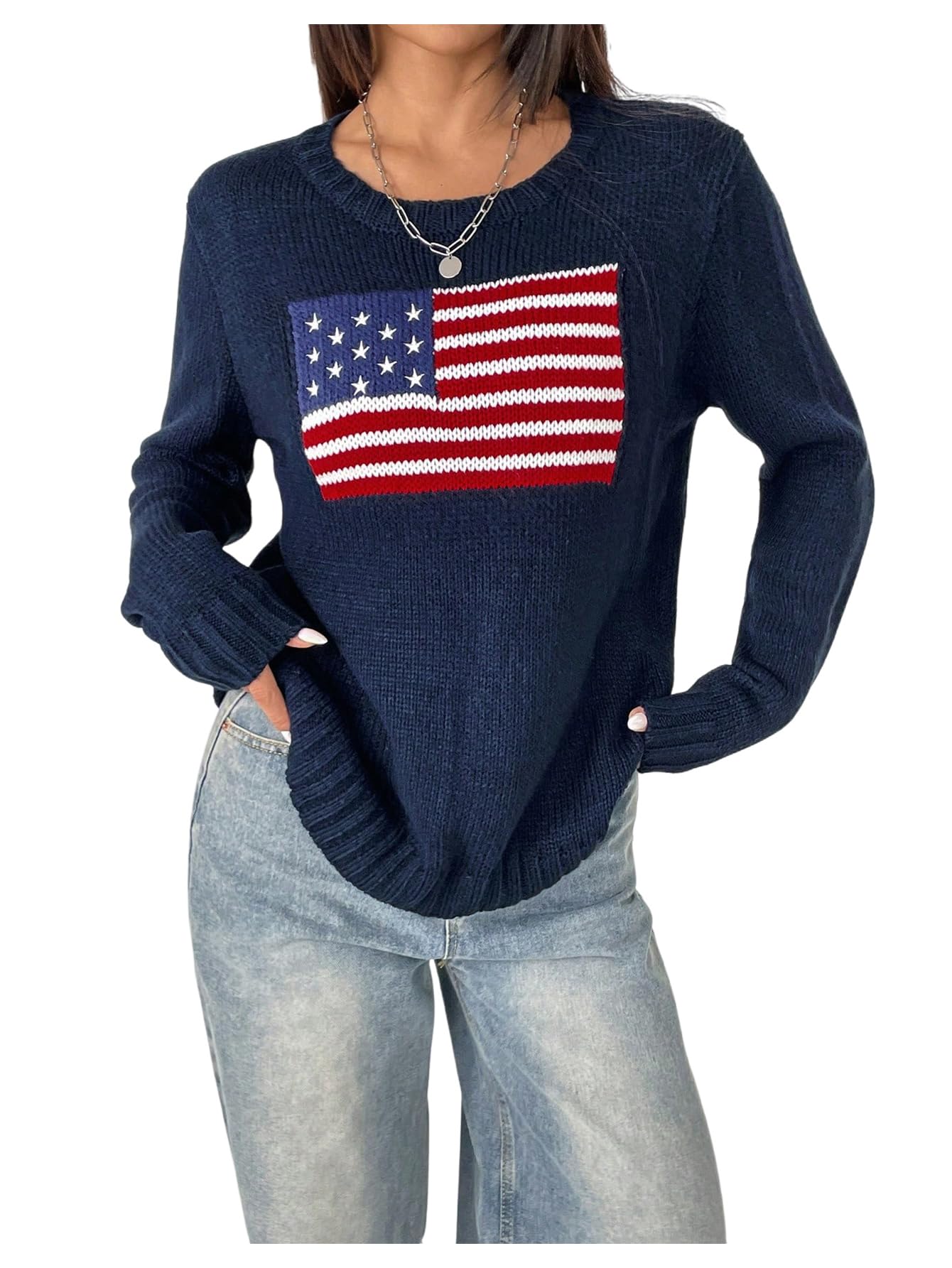 GORGLITTER Women's American Flag Sweater Long Sleeve Round Neck Pullovers