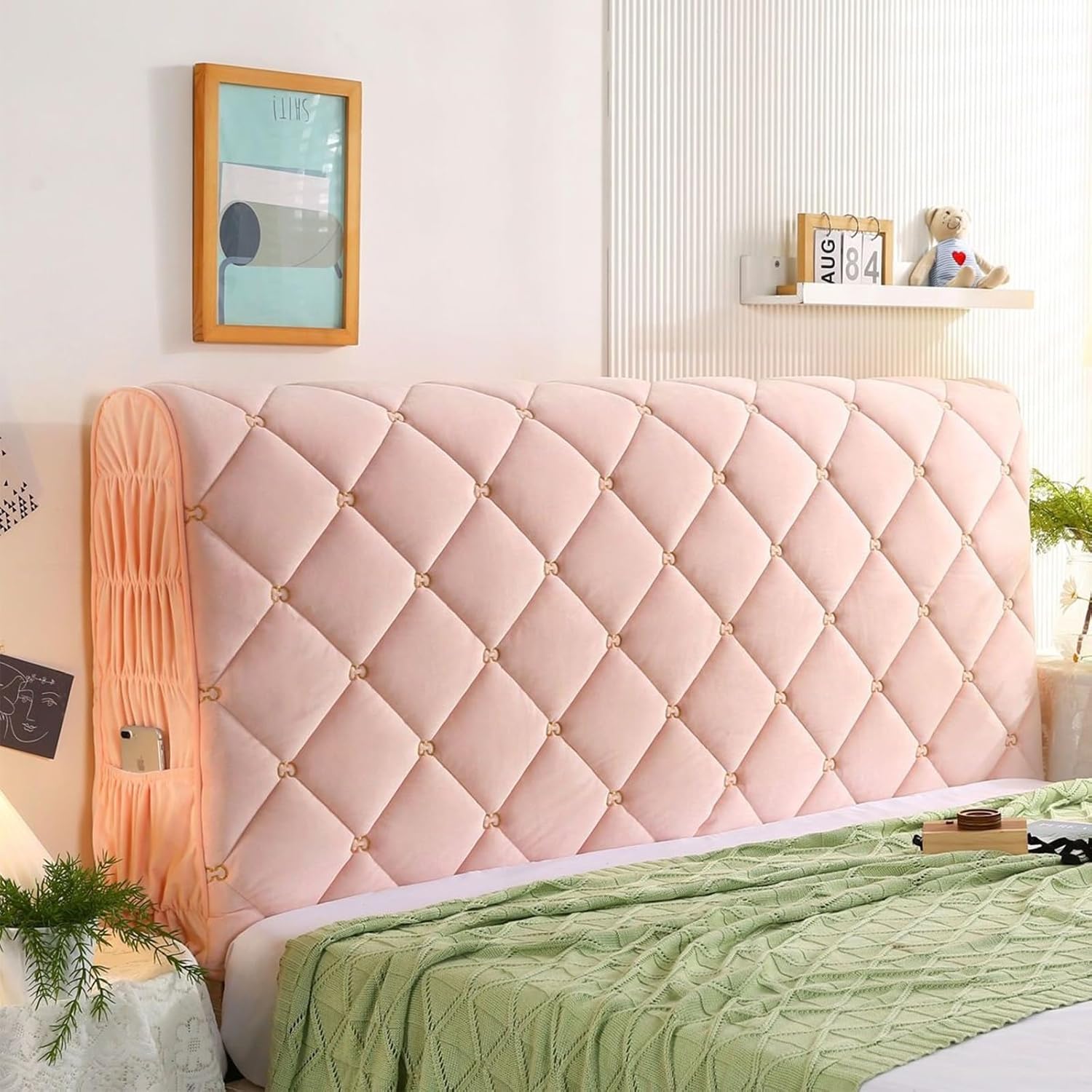Thicken Bed Headboard Cover, Universal Stretch Bed Headboard Cover for Full Queen Cal King Size, Washable Quilted Bed Headboard Slipcover Dustproof Protector Cover for Bedroom Bed Headboard(A-Pink,KIN
