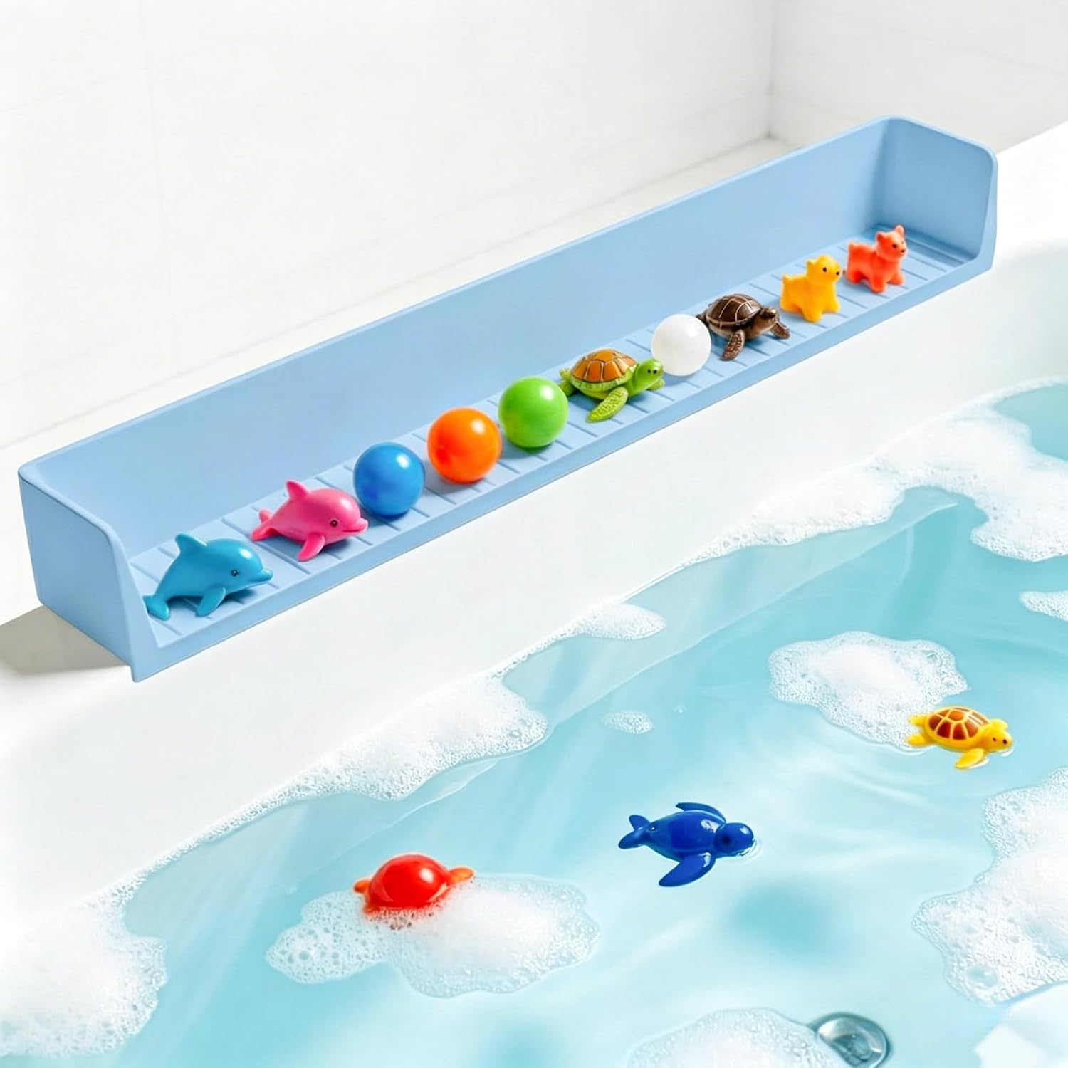 Bathtub Splash Guard with Suction Cups, Silicone Bath Tub Side Tray, Toy Holder Shelf for Bathroom Storage and Water Spill Prevention (White)