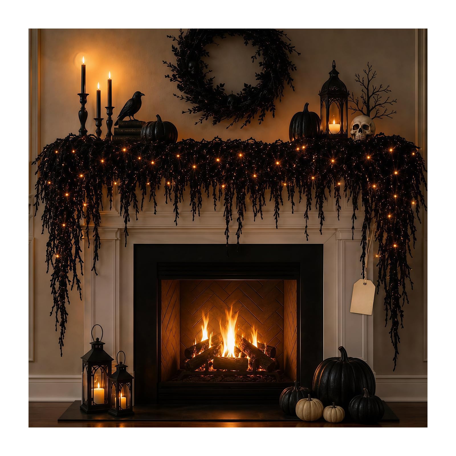 zoocco Halloween Mantel Decor with Lights, Black Vine Garland for Fireplace (4 FT (1.2M))
