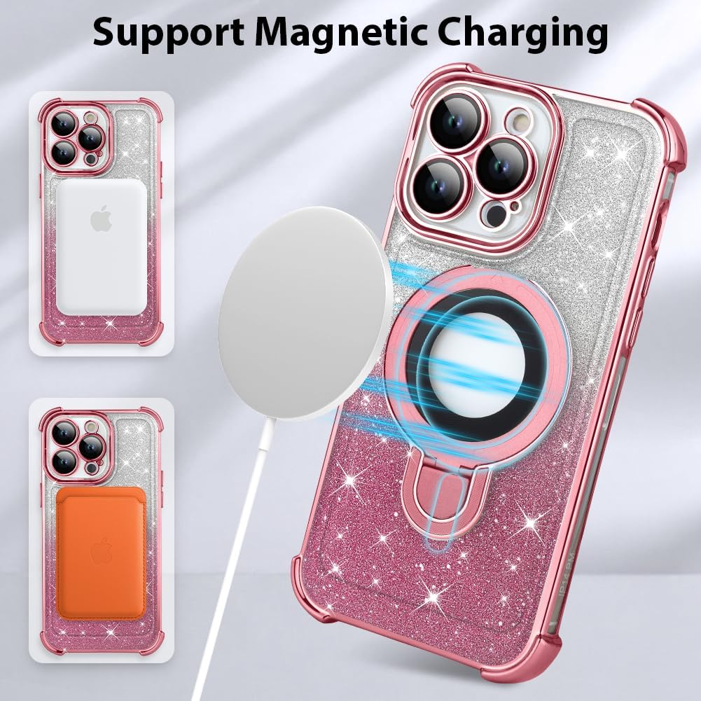 KANGHAR for iPhone 15 Pro Max Case, Support for MagSafe [Four Corner Cushion Series] Kickstand Electroplate Edge Shockproof Durable Full Body Protection for Girls Women -Pink - Image 6