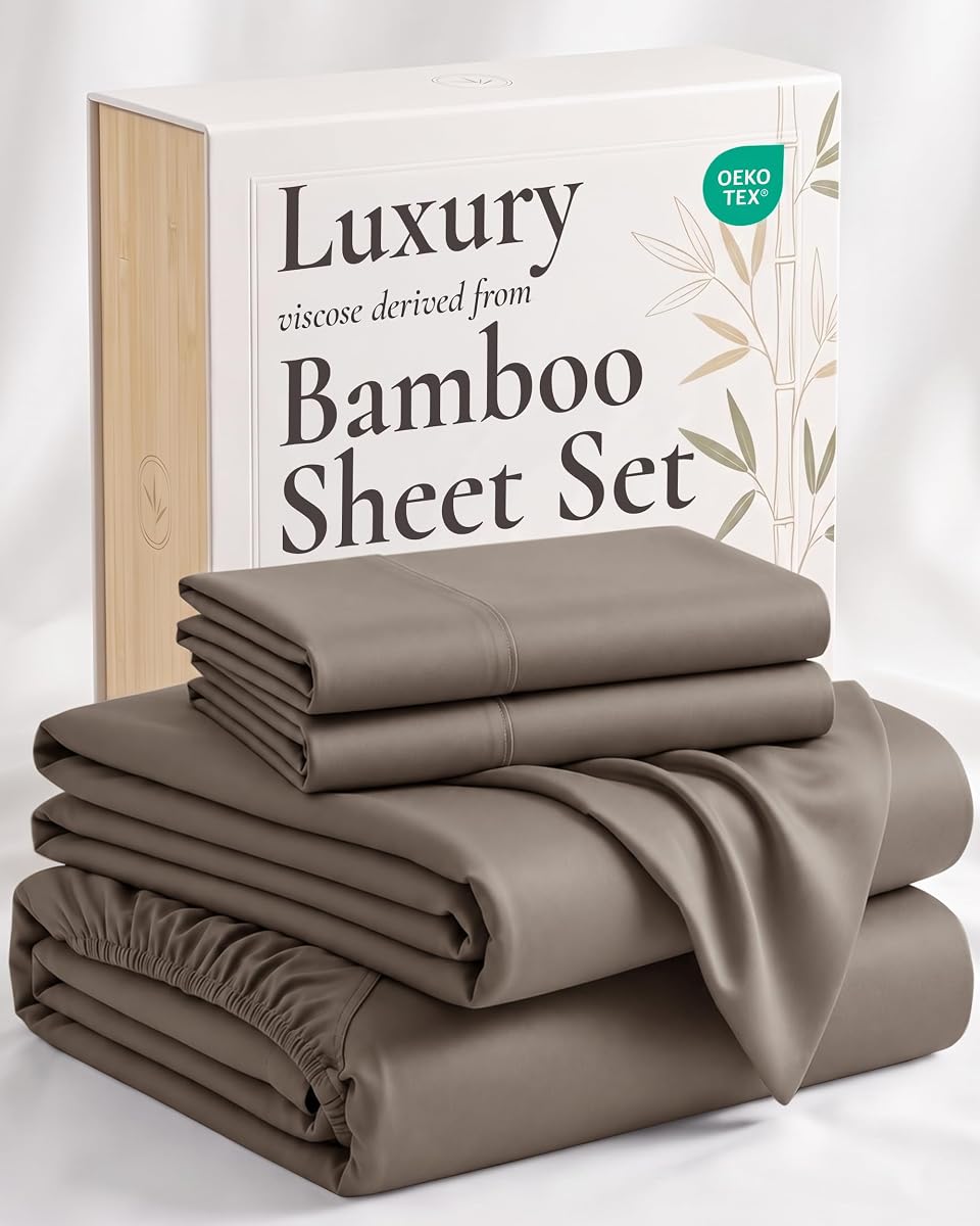 Hotel Sheets Direct Juego de sábanas de 4 piezas California King Size, 100% viscosa derivada de bambú juego de sábanas con 2 fundas de almohada, ropa de cama de lujo refrescante y transpirable, absorbe la humedad y es suave como la seda, arena