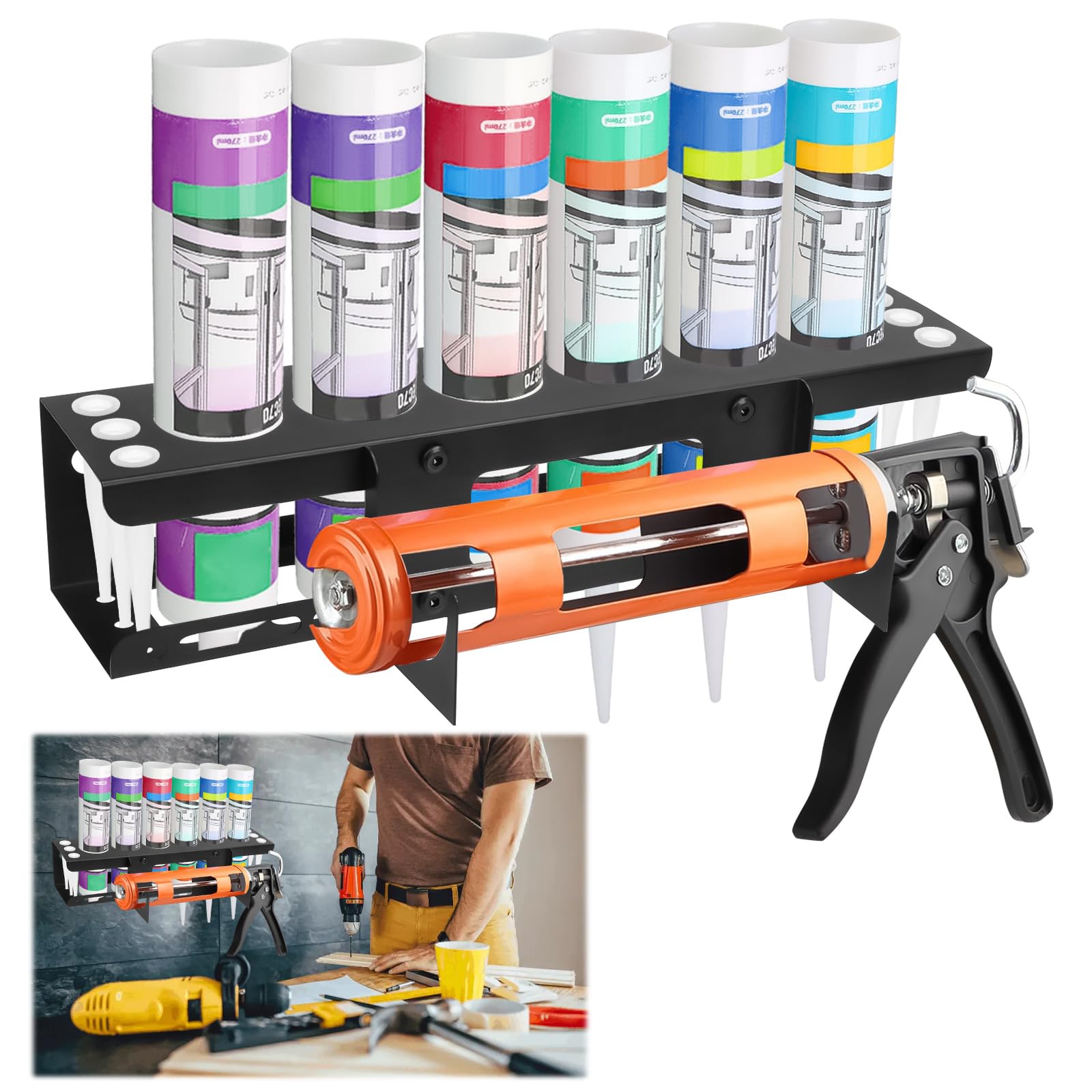 Tefola Support de rangement mural en silicone pour tubes de calfeutrage, pistolets à calfeutrer, support en métal pour rangement d'outils de van, accessoires pour 6 tubes de calfeutrage (1)