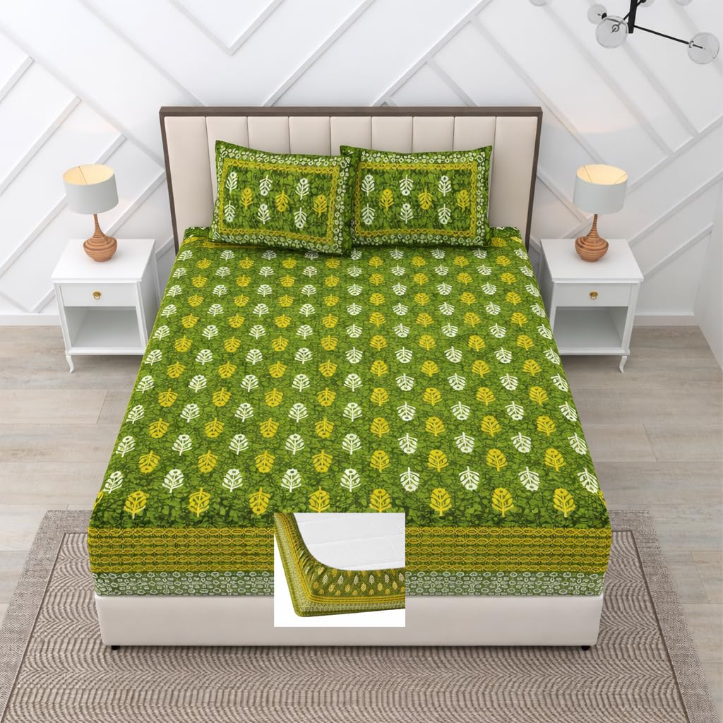 RajasthaniKart® Pure Cotton 144 TC Printed Double/Queen Bed Elastic Fitted Bedsheet with 2 Pillow Covers - All Around Elastic | 60"x78", Fits Up to 8" Mattress | Jaipuri Print, 5300