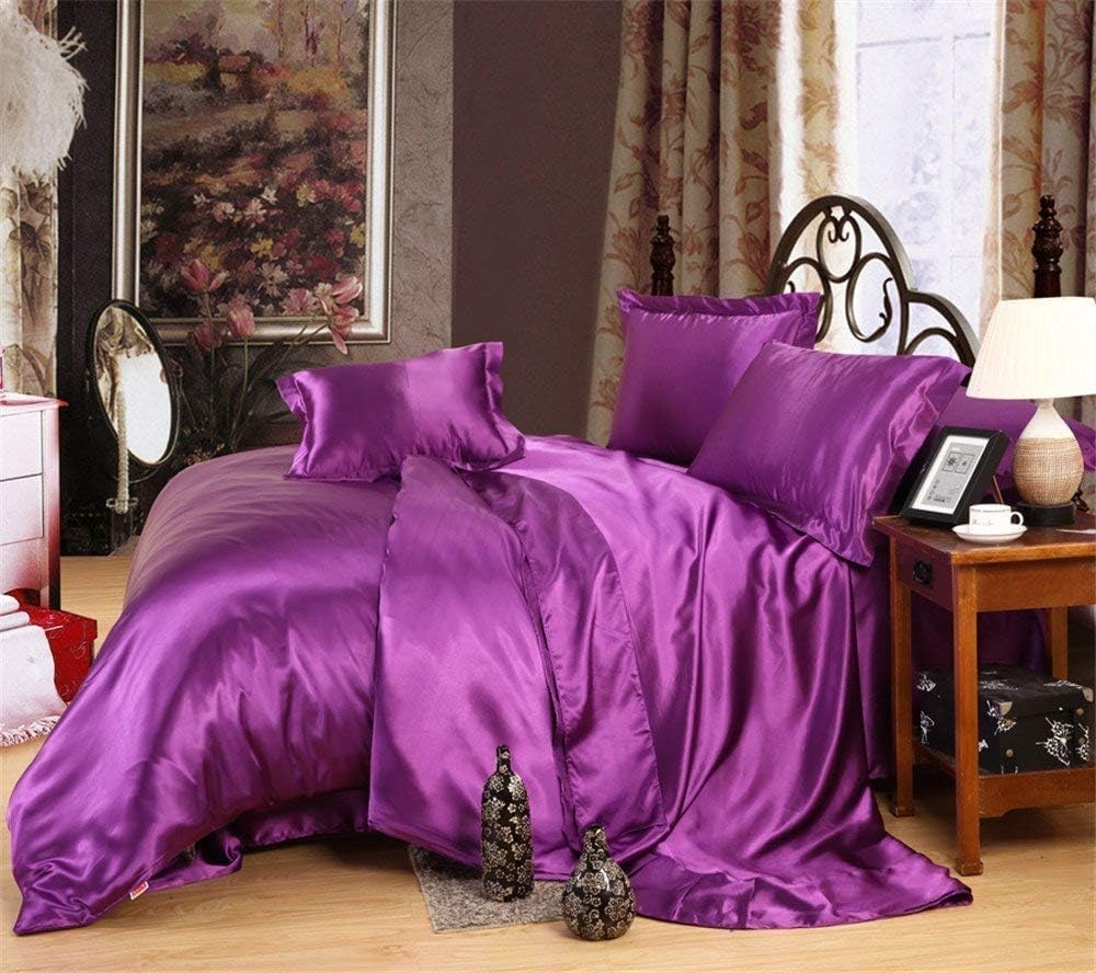Satin Duvet Fitted Set, Ultra Soft Silky Satin 4 Pieces Duvet Cover Sets (1 Duvet Cover + 1 Fitted Sheet 15" Deep + 2 Pillow Shams),California King Size,Purple