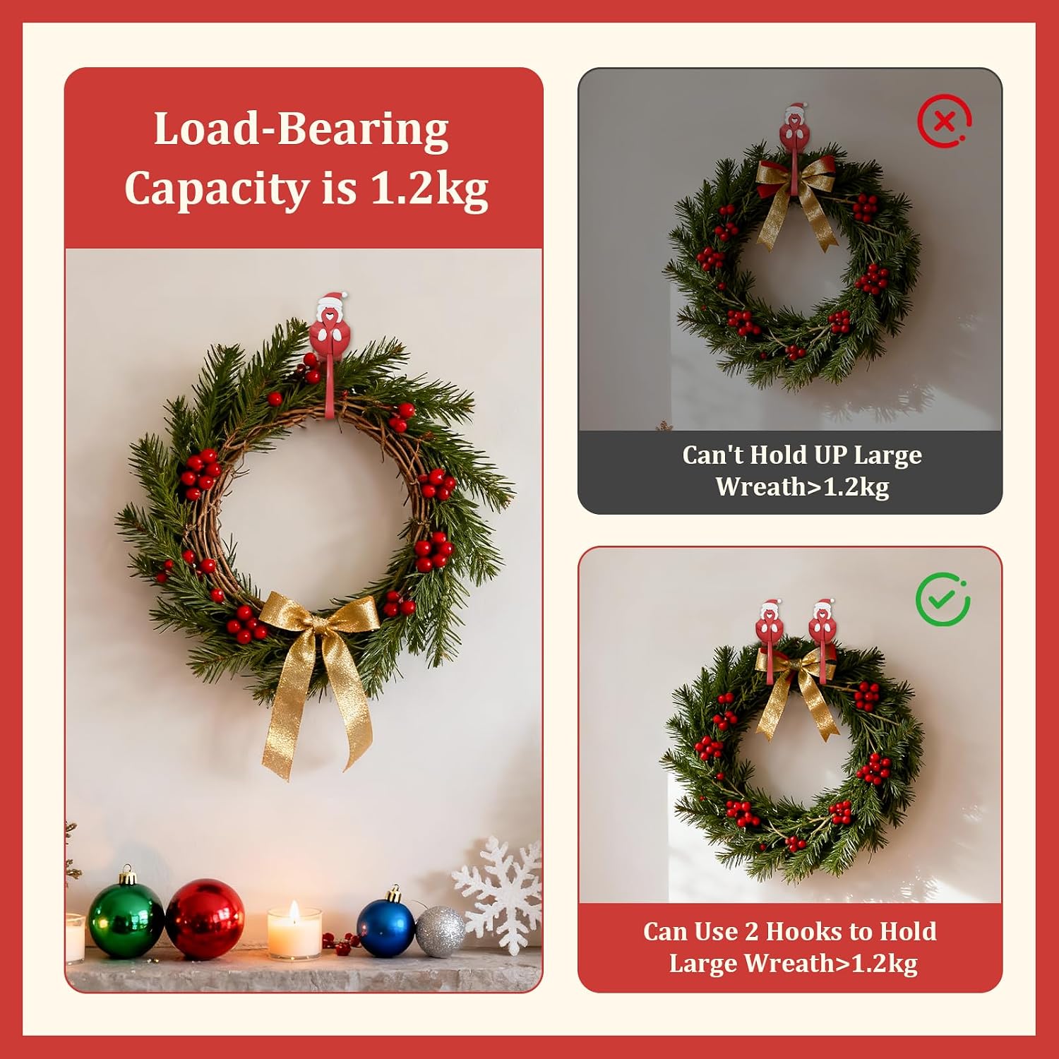 Christmas Garland Hanger Decorations for Mantle Garland Hooks 12 Pcs Christmas Wreath Ties Stocking Holder, Silicone Adhesive Straps Hooks for Door Frame Staircase Decoration (Green & Red)
