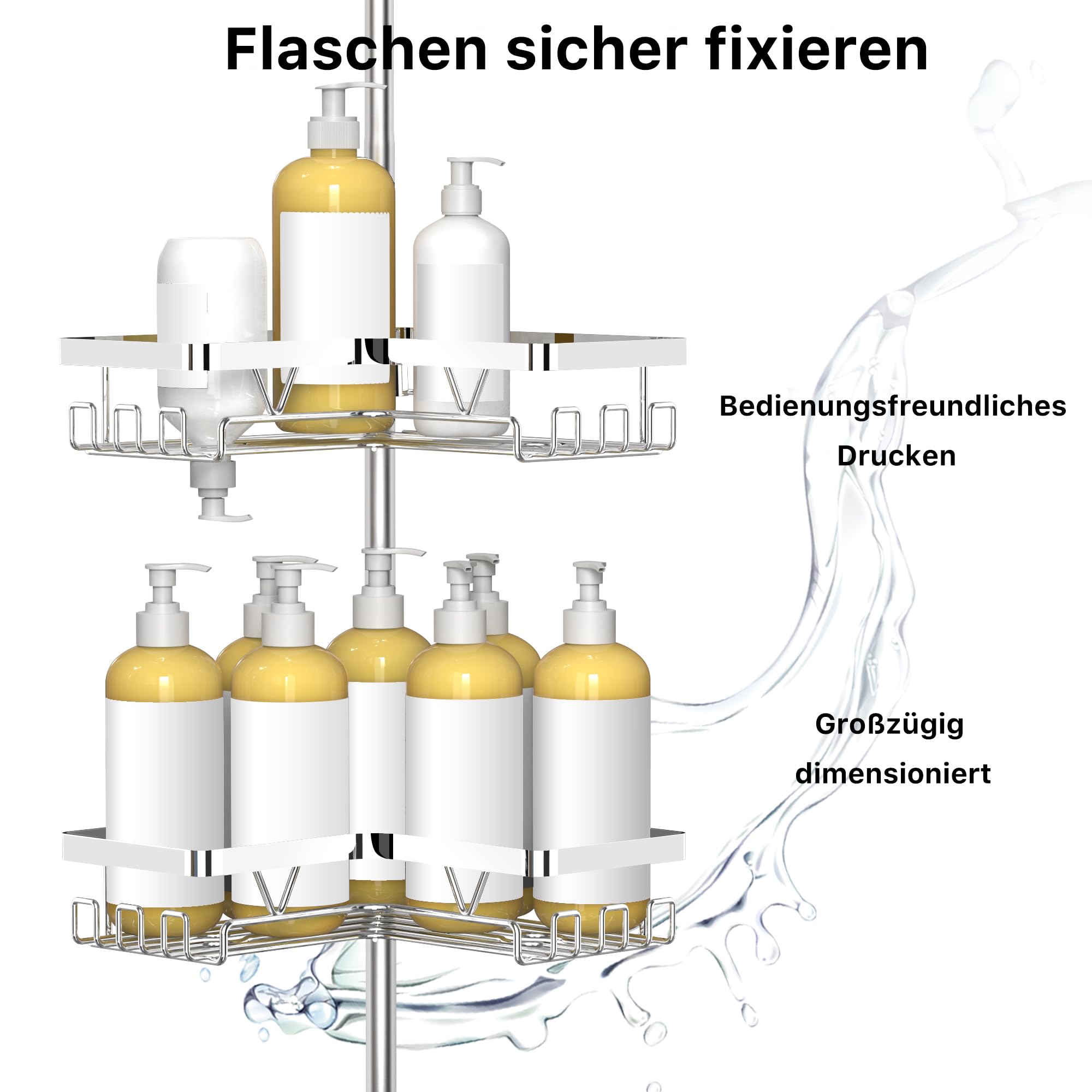 KEGII Teleskop Duschregal Chrome - Duschablage Ohne Bohren 4 Stück | Teleskopregal Eckregal, für Bad und Badewanne, Einfache Montage, Höhenverstellbar, Mit Haken/Seifenhalter/Rasiererhalter