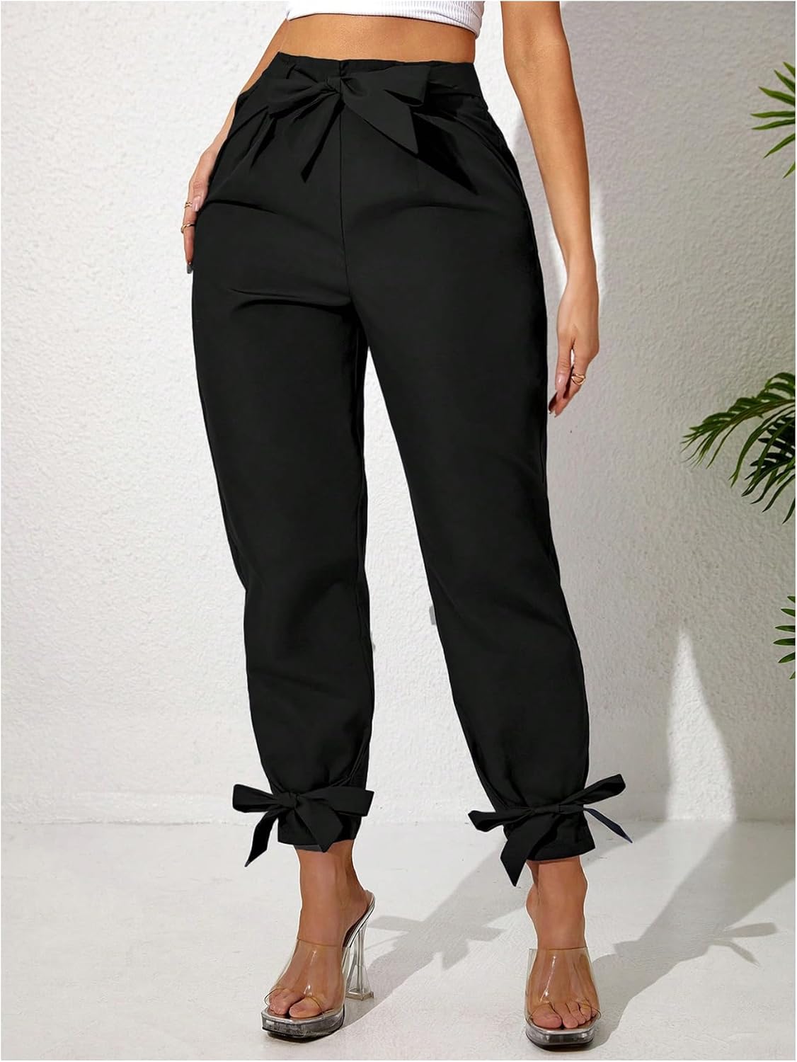 Floerns Women's Plus Size Bowknot Elastic High Waisted Pants Elegant Skinny Trousers