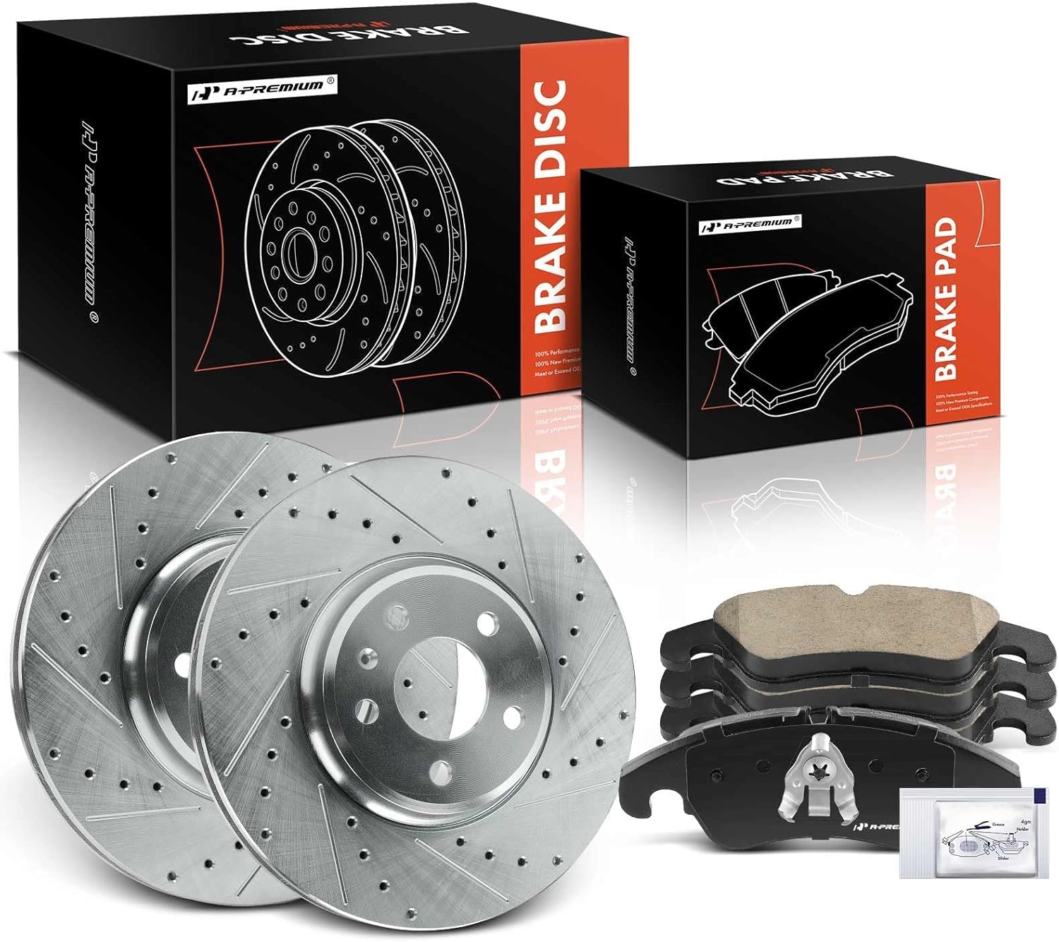 A-Premium 12.59 inch (319.8mm) Front Drilled and Slotted Disc Brake Rotors + Ceramic Pads Kit Compatible with Select Audi Models - A4 2009-2011, A4 allroad, A4 Quattro, Q5, A5, A5 Quattro, 6-PC Set