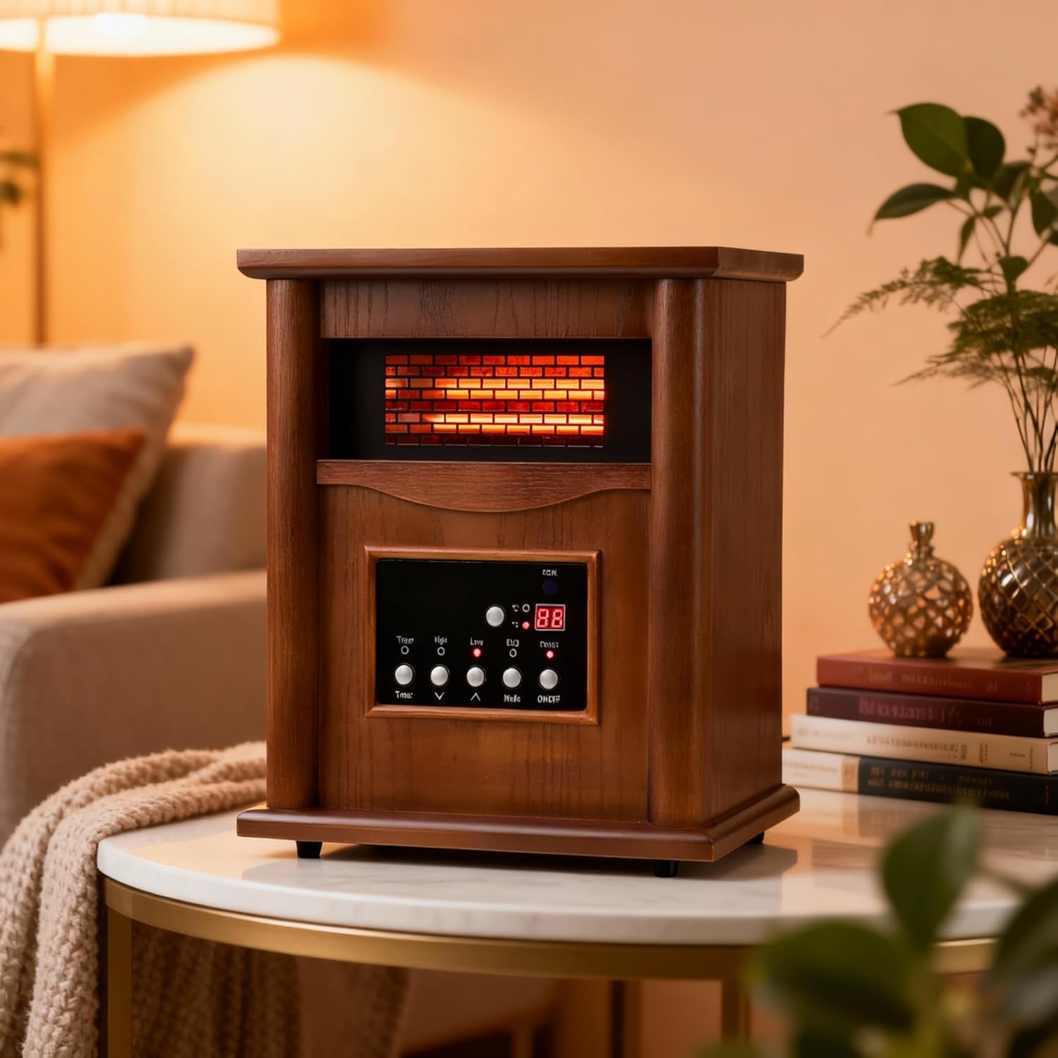 Nordic Hygge Portable Space Heater, 1500W Electric Infrared Heater for Indoor Use, Living Room, Bedroom, Office - Remote Control, 12H Timer, 3 Heat Settings, Overheat & Tip-Over Safety, Light Oak